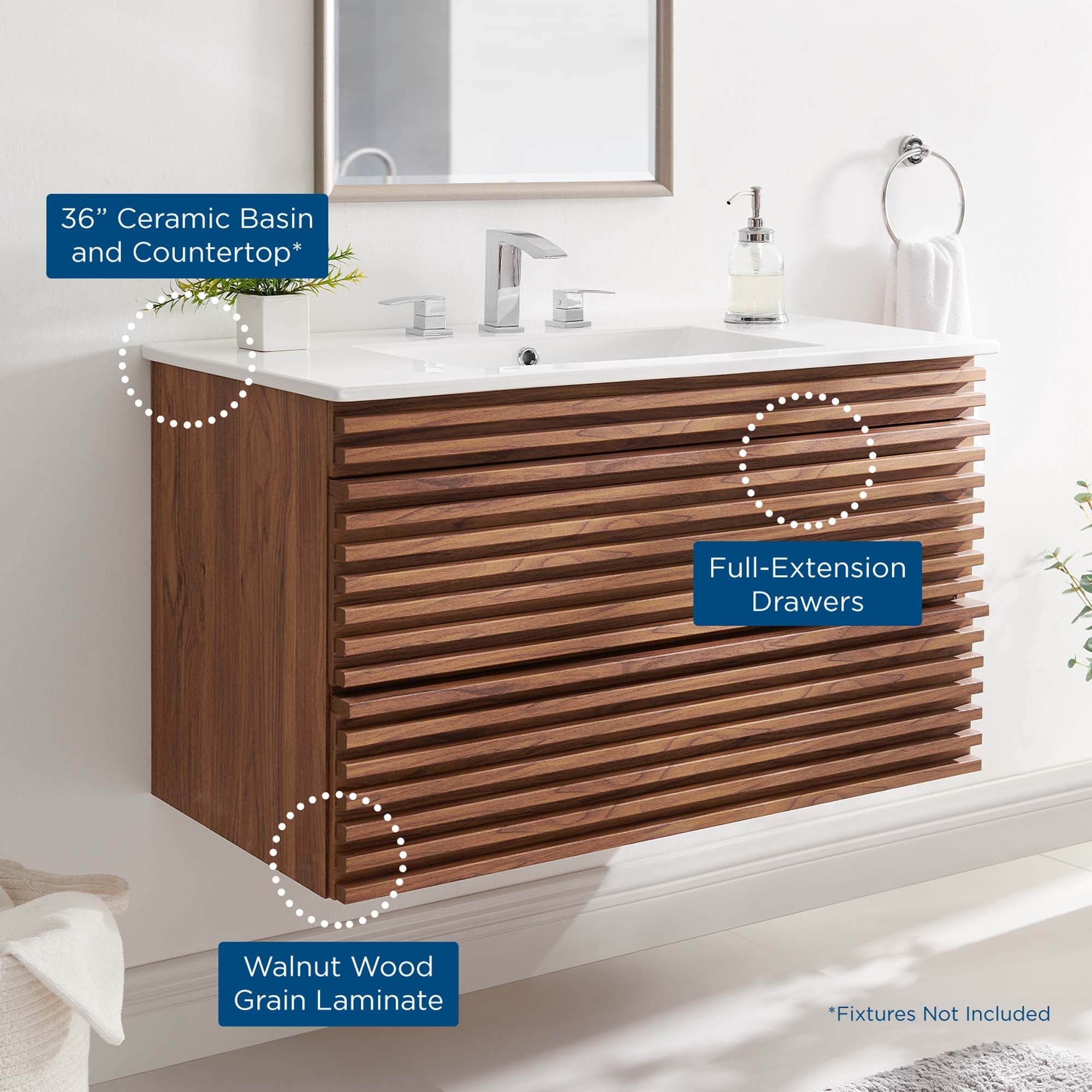 Render Wall-Mount Bathroom Vanity with White Basin Included by Modway