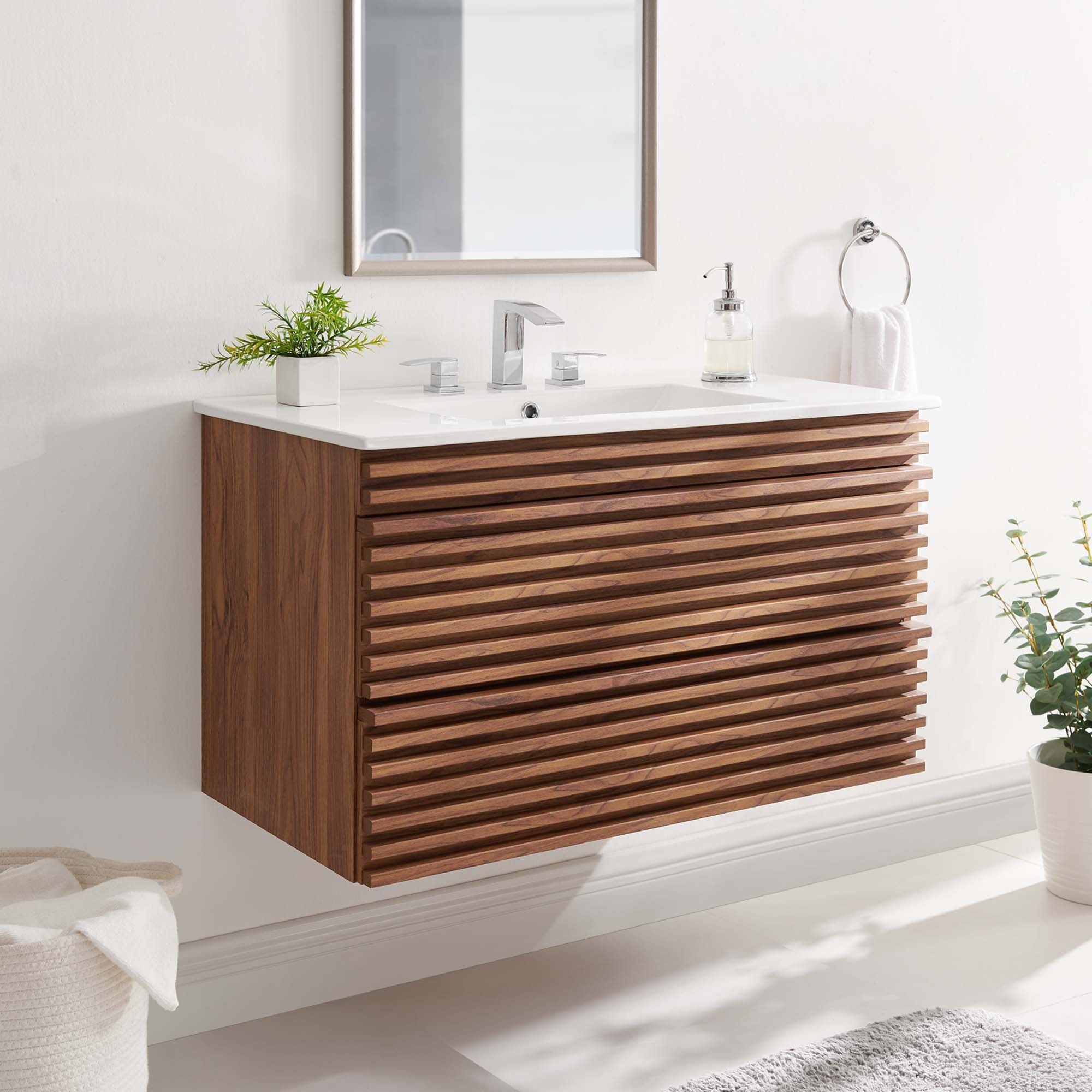 Render Wall-Mount Bathroom Vanity with White Basin Included by Modway