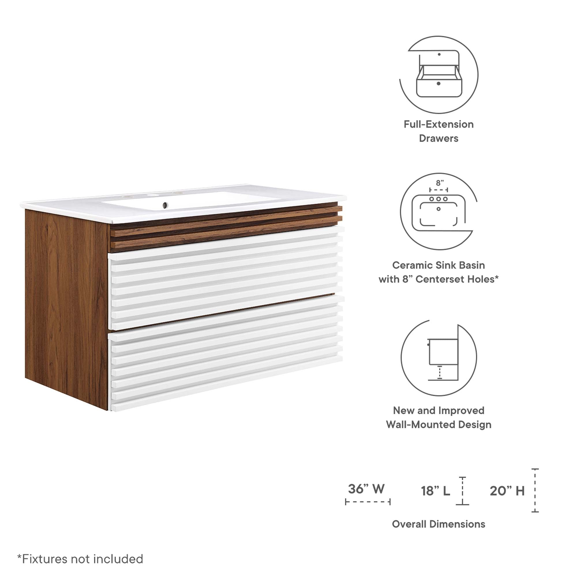Render Wall-Mount Bathroom Vanity with White Basin Included by Modway