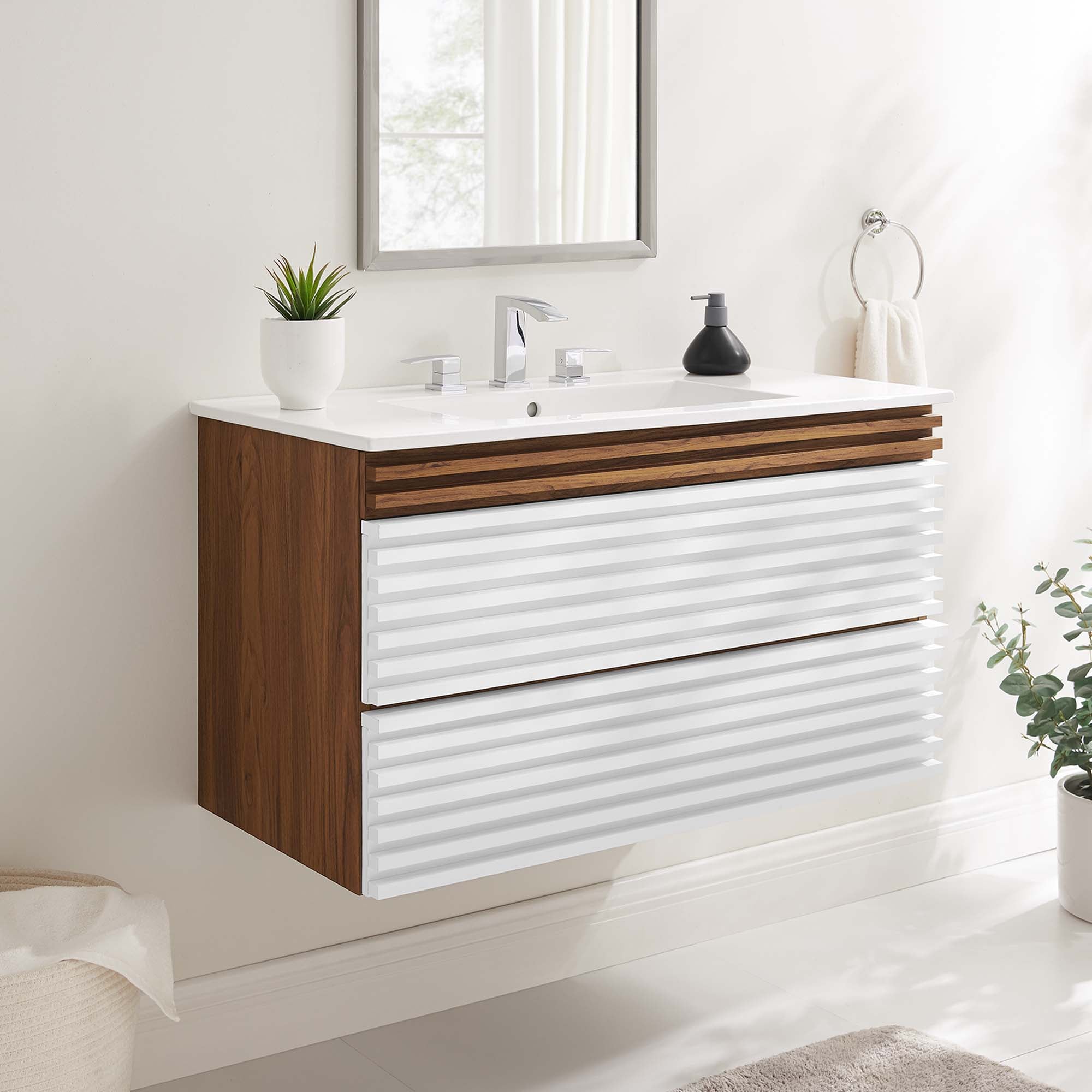 Render Wall-Mount Bathroom Vanity with White Basin Included by Modway