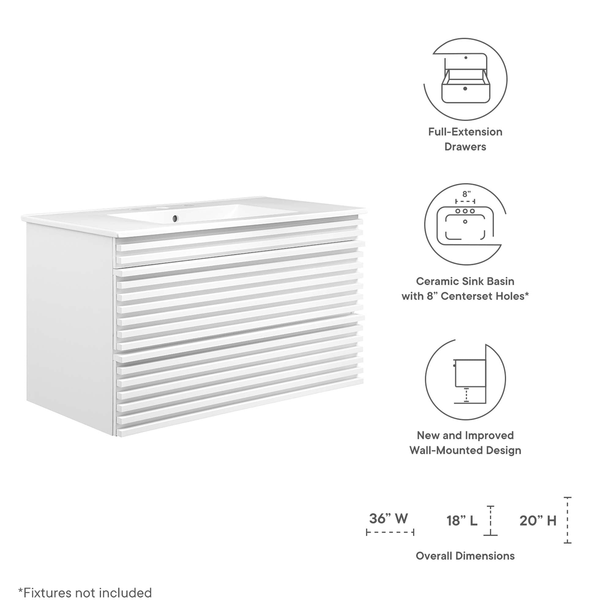 Render Wall-Mount Bathroom Vanity with White Basin Included by Modway