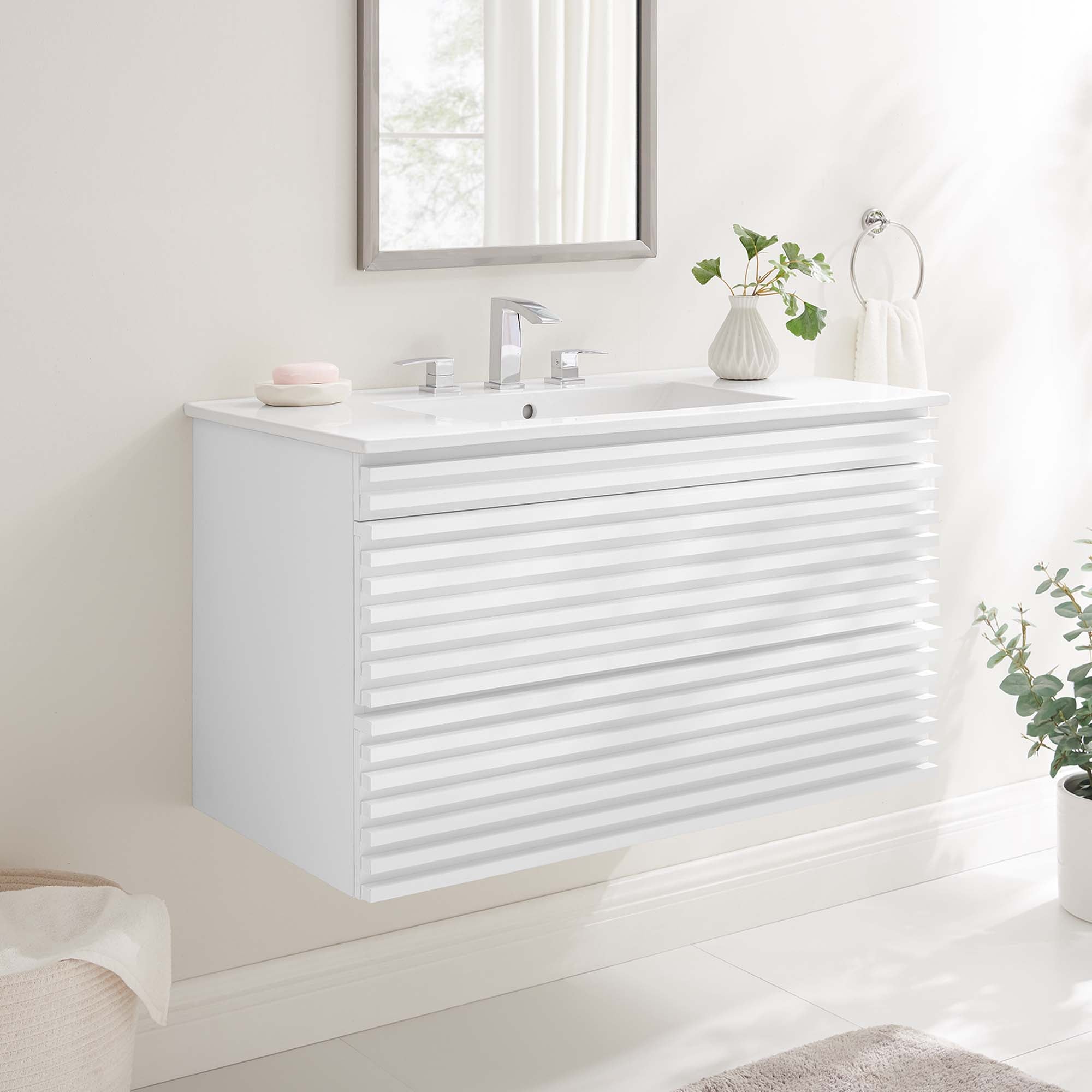 Render Wall-Mount Bathroom Vanity with White Basin Included by Modway