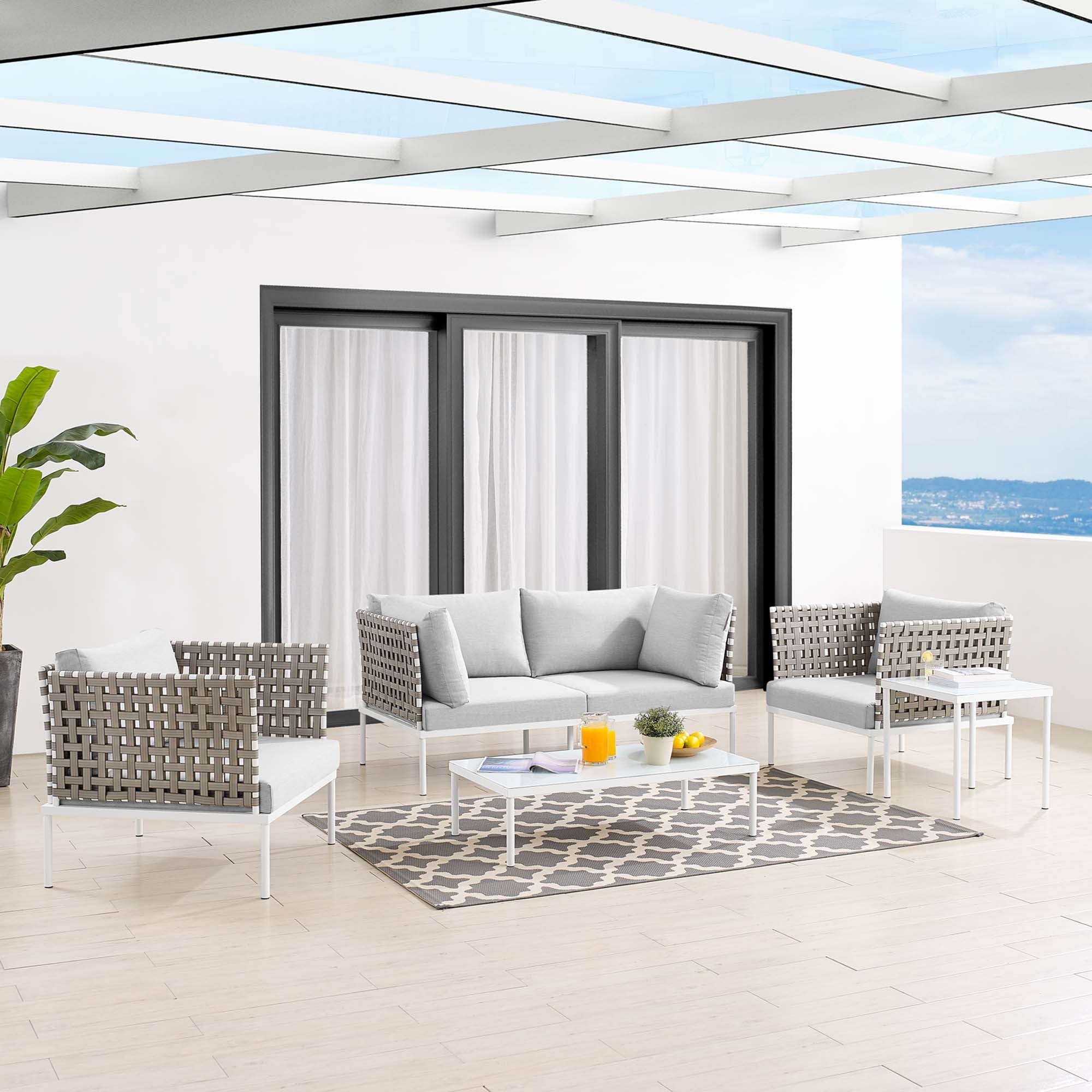 Harmony 5-Piece Sunbrella® Basket Weave Outdoor Patio Aluminum Seating Set by Modway