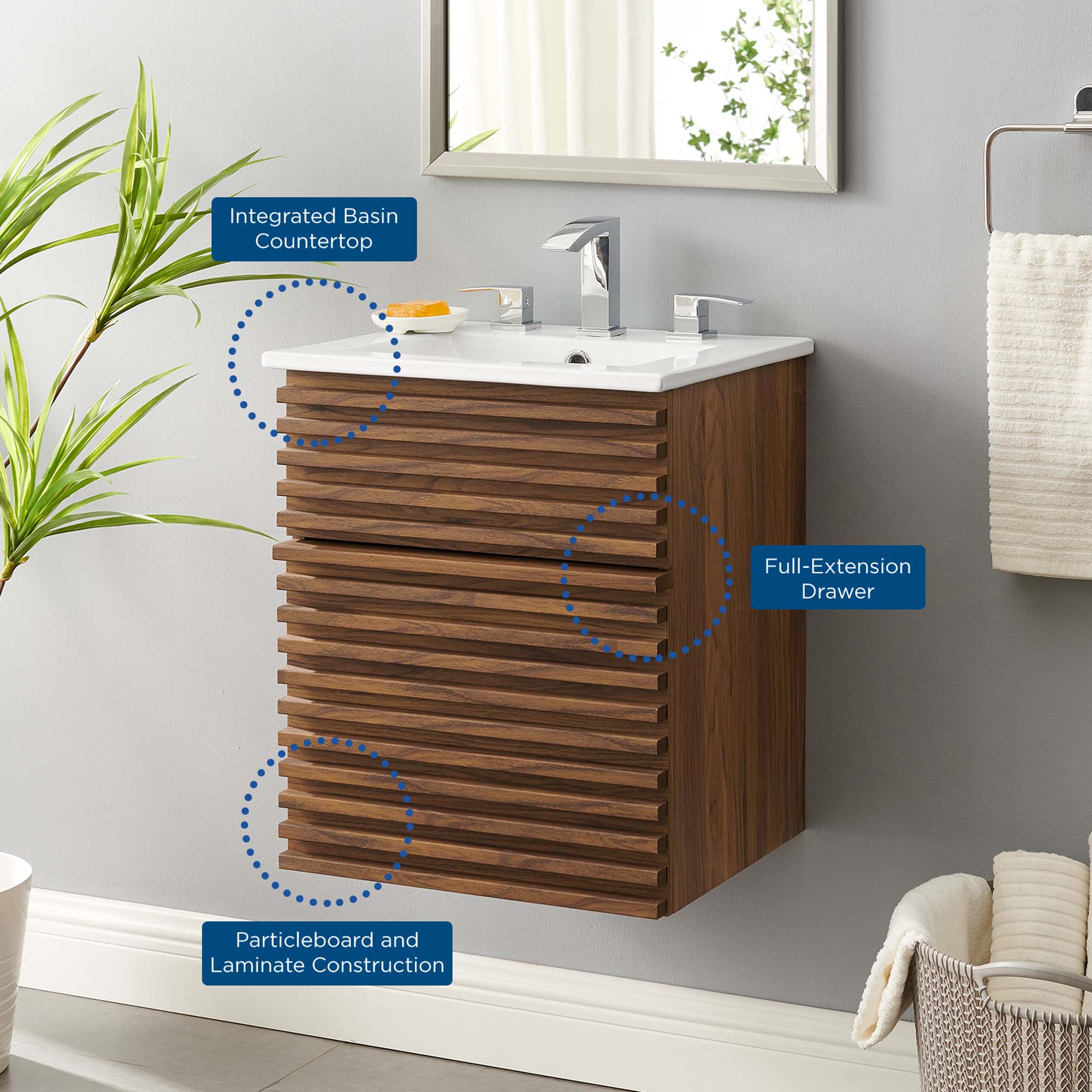 Render Wall-Mount Bathroom Vanity with White Basin Included by Modway