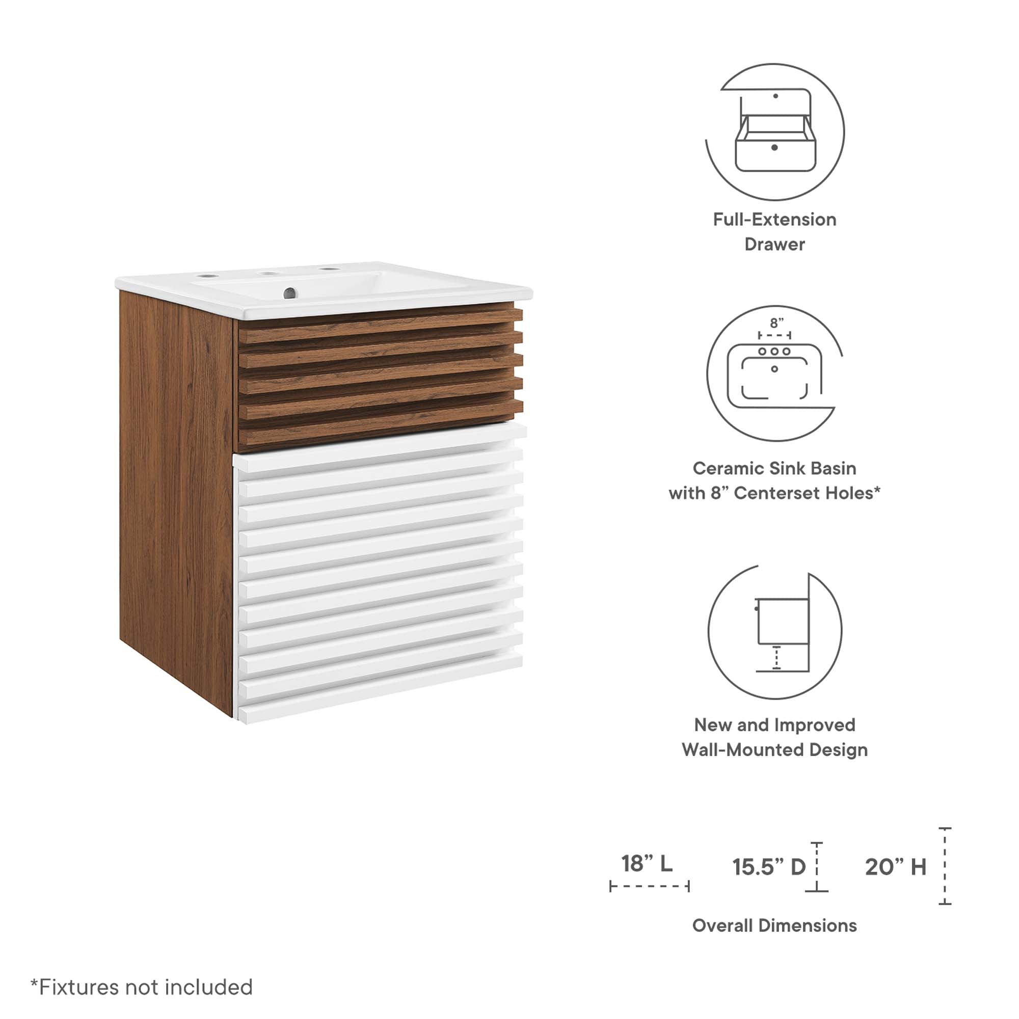 Render Wall-Mount Bathroom Vanity with White Basin Included by Modway