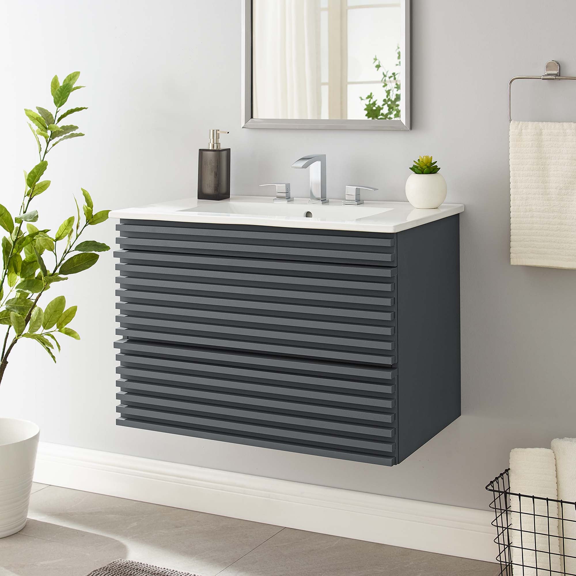 Render Wall-Mount Bathroom Vanity with White Basin Included by Modway