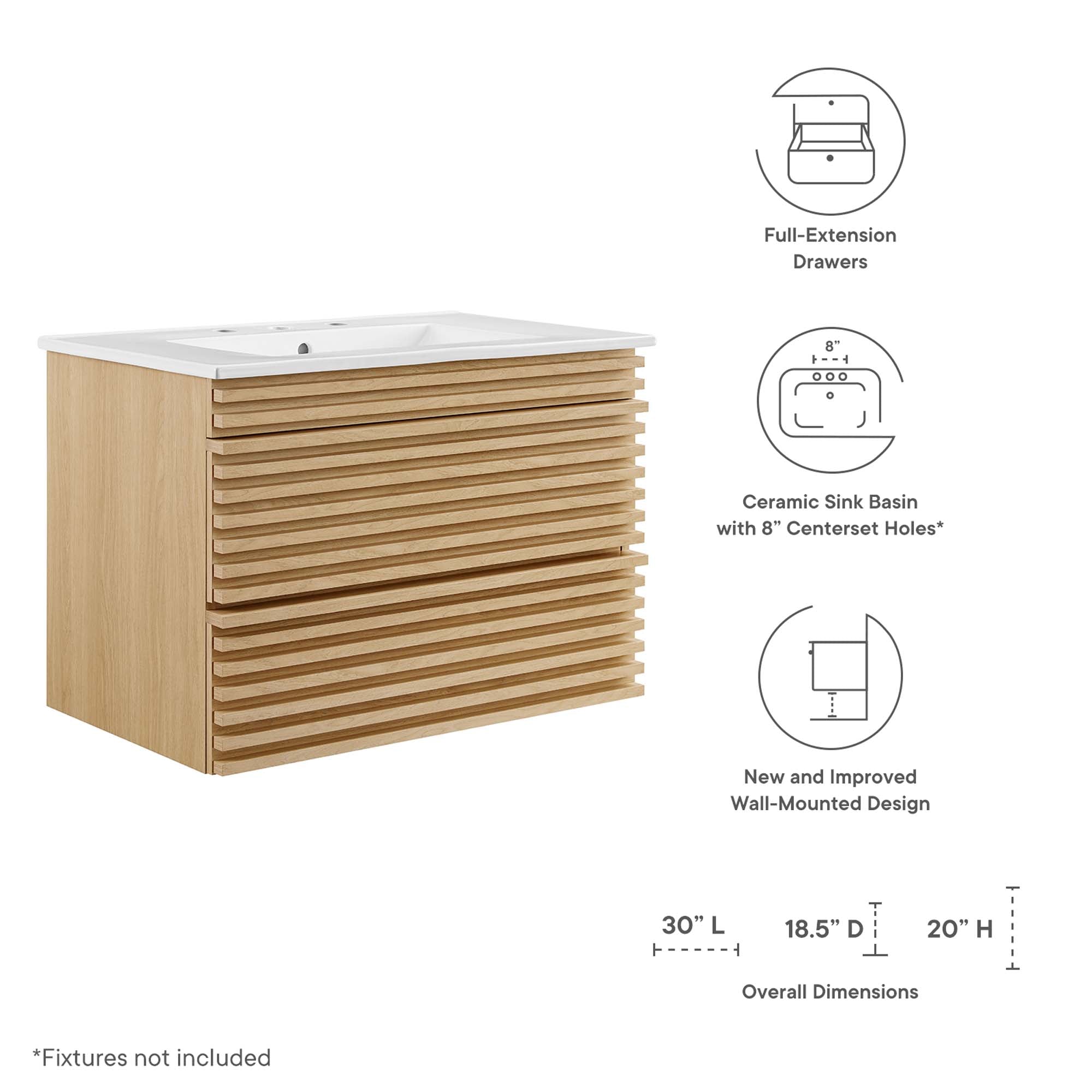 Render Wall-Mount Bathroom Vanity with White Basin Included by Modway