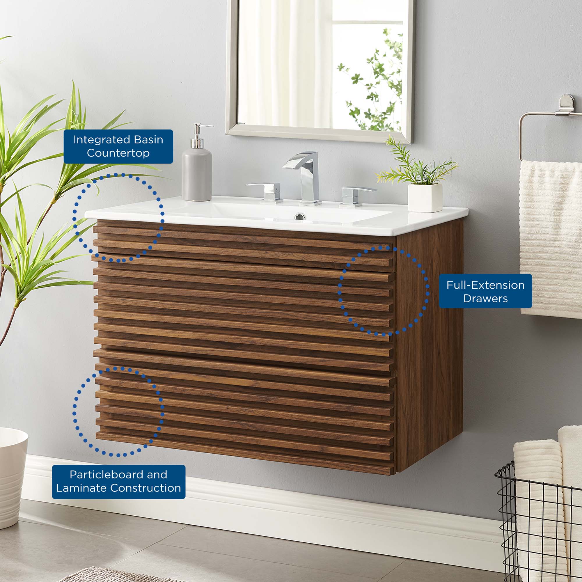 Render Wall-Mount Bathroom Vanity with White Basin Included by Modway