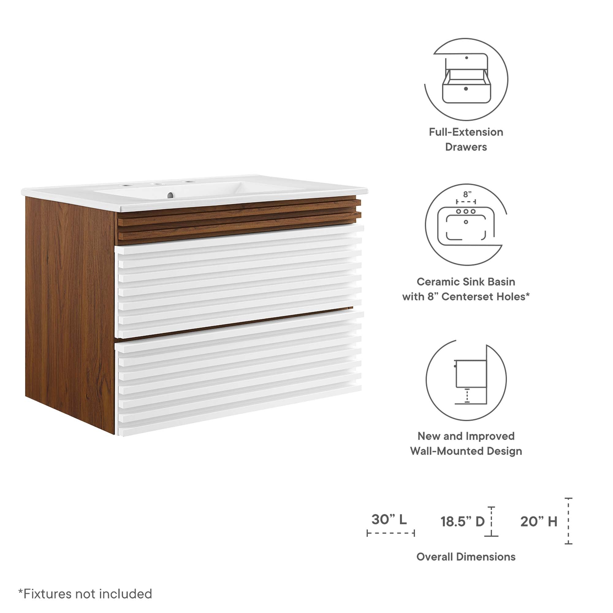 Render Wall-Mount Bathroom Vanity with White Basin Included by Modway