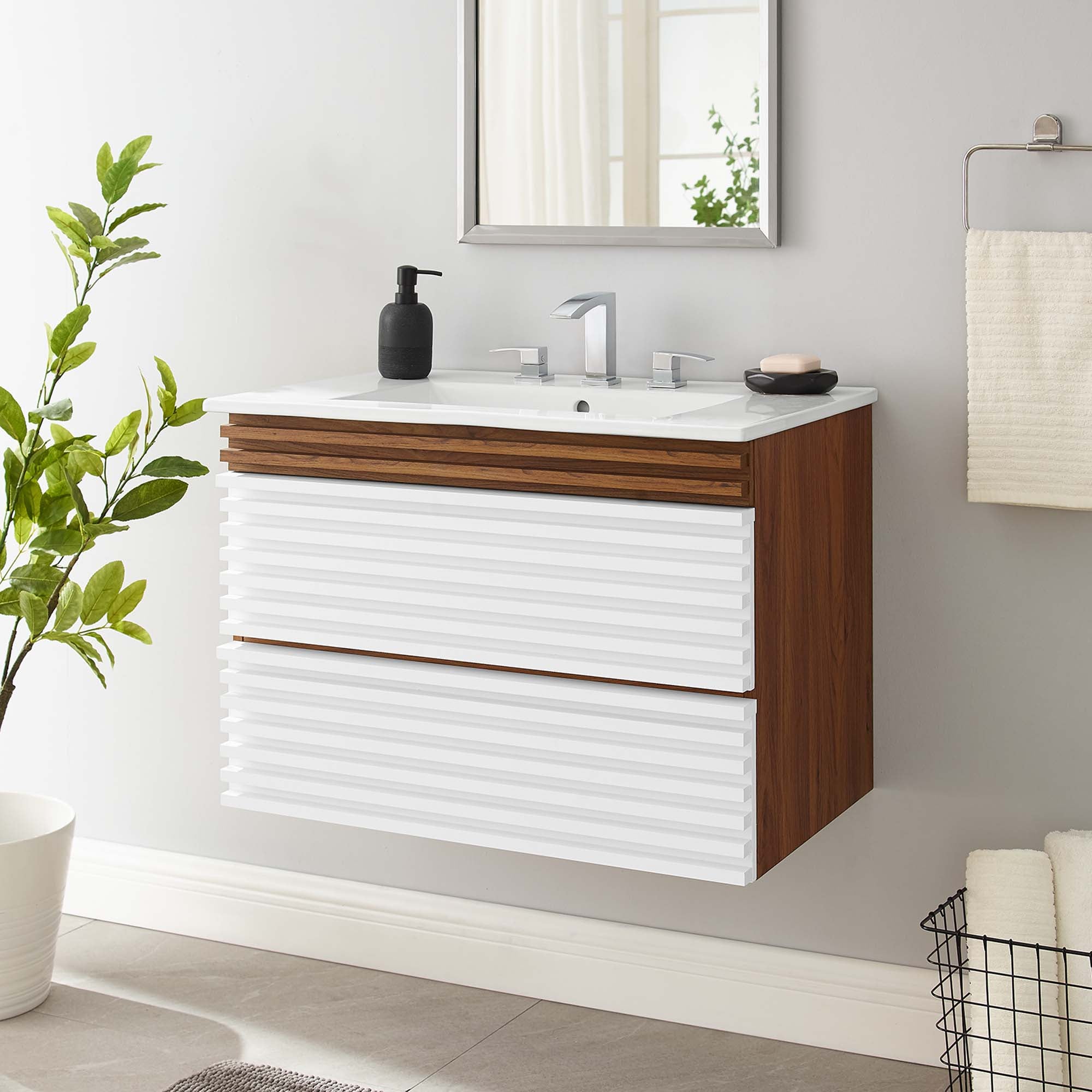 Render Wall-Mount Bathroom Vanity with White Basin Included by Modway