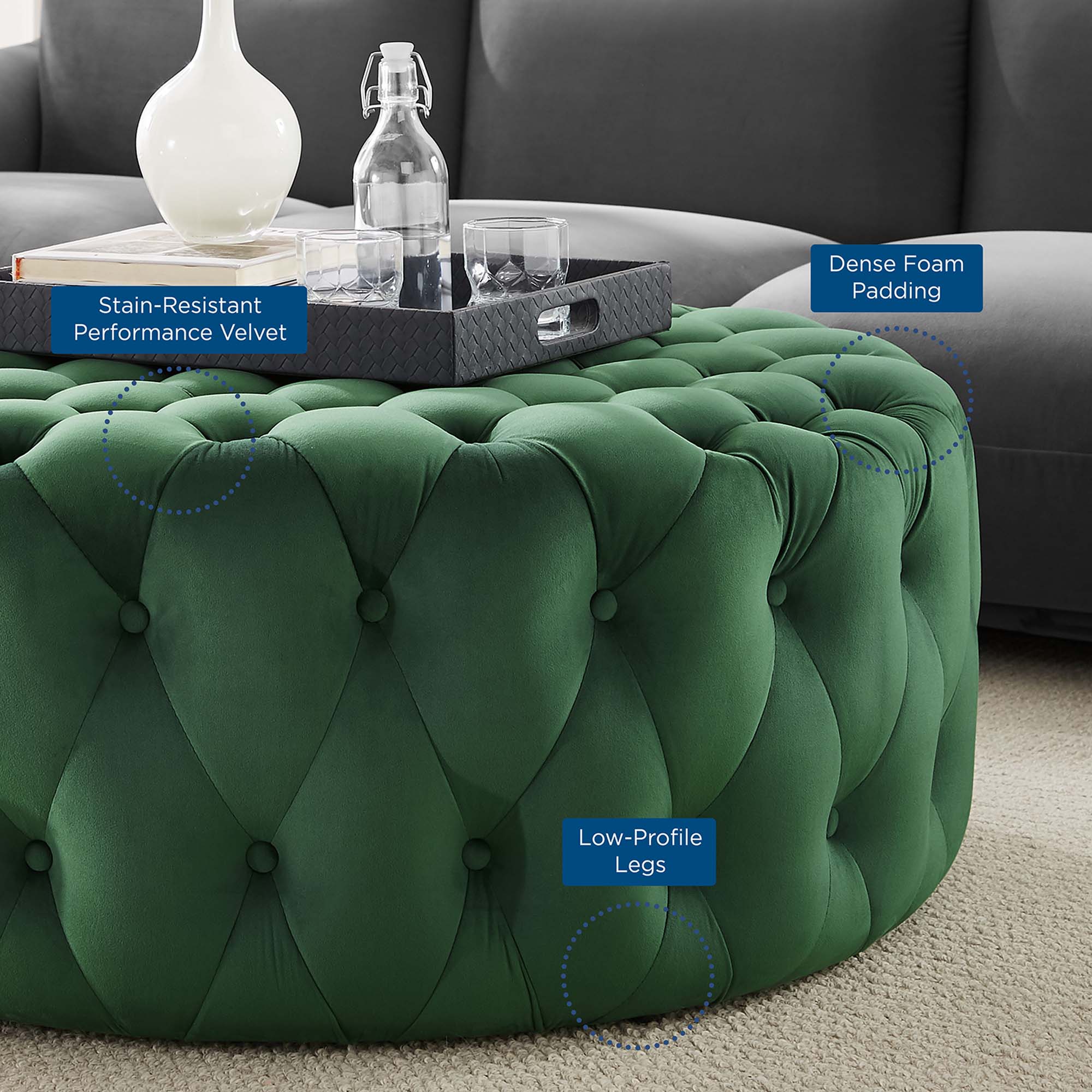 Amour Tufted Button Large Round Performance Velvet Ottoman by Modway