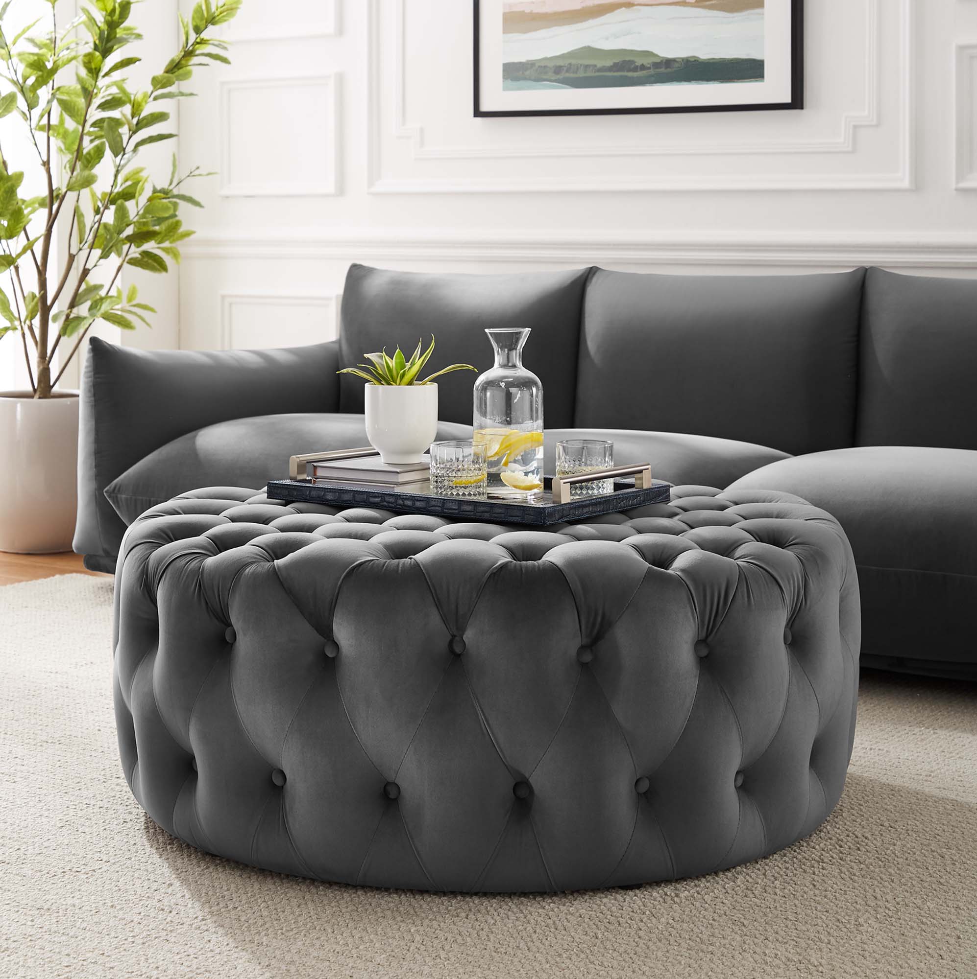 Amour Tufted Button Large Round Performance Velvet Ottoman by Modway