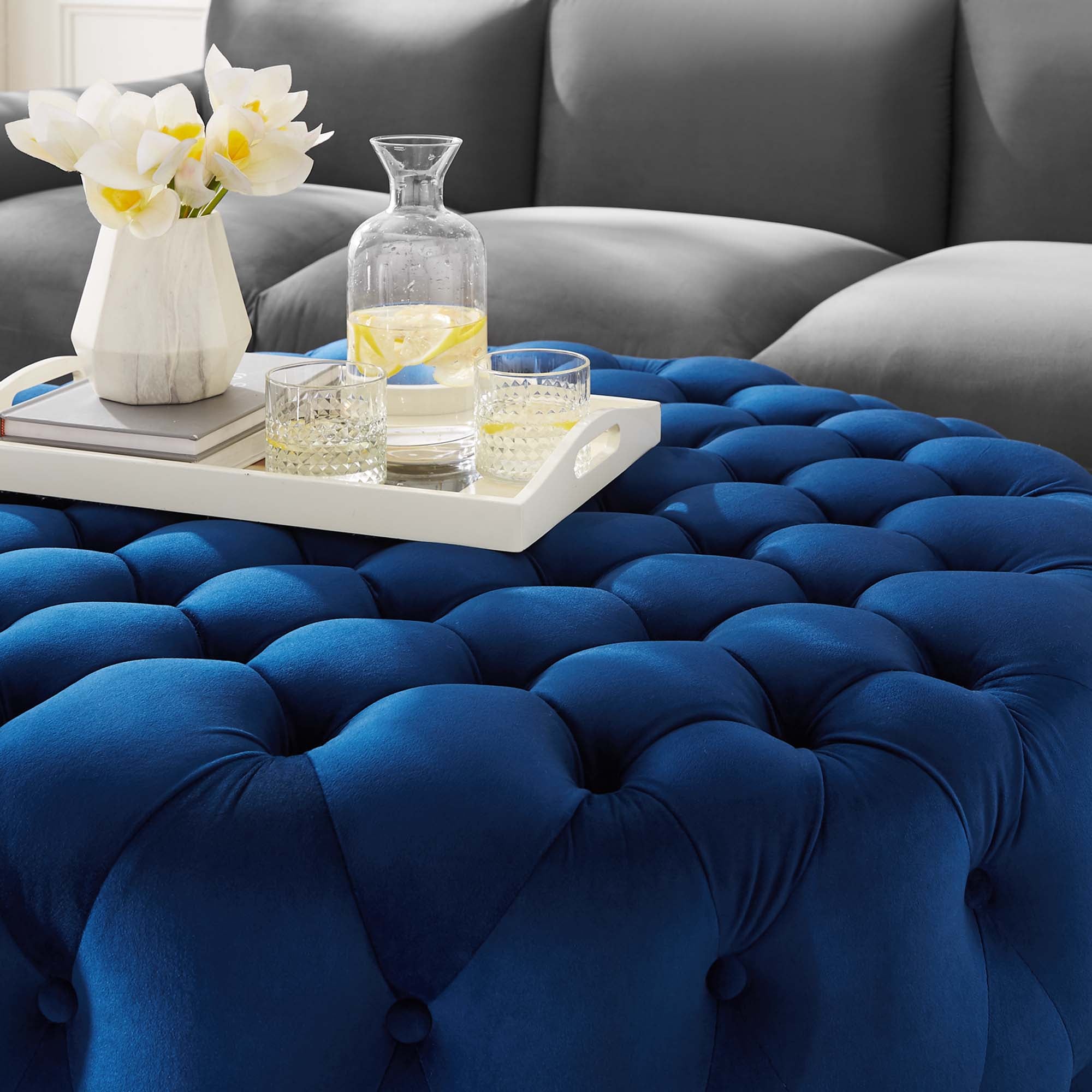 Amour Tufted Button Large Round Performance Velvet Ottoman by Modway