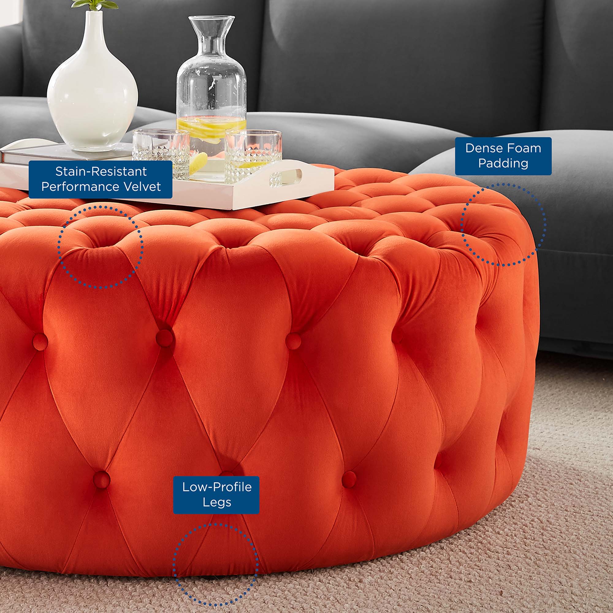 Amour Tufted Button Large Round Performance Velvet Ottoman by Modway