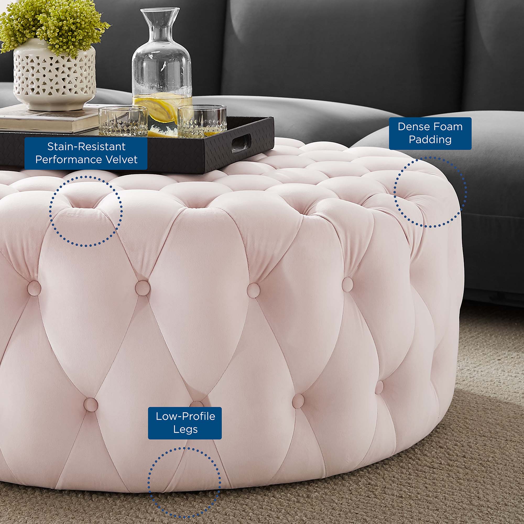 Amour Tufted Button Large Round Performance Velvet Ottoman by Modway