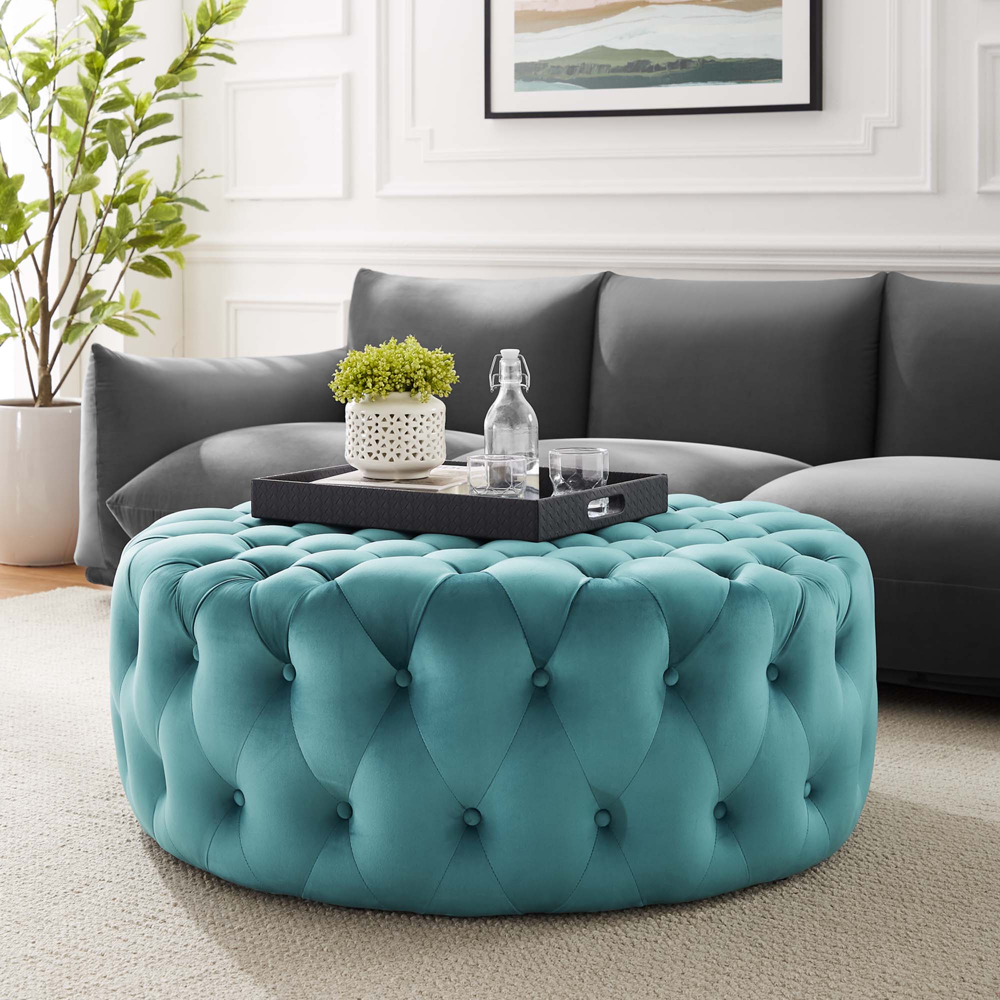 Amour Tufted Button Large Round Performance Velvet Ottoman by Modway