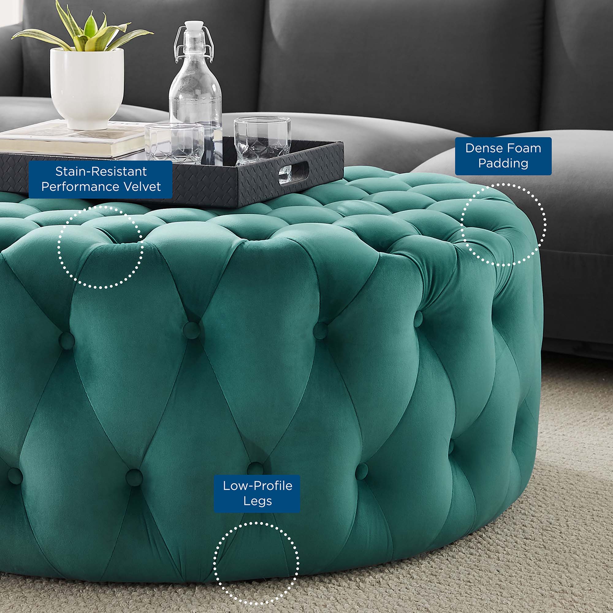 Amour Tufted Button Large Round Performance Velvet Ottoman by Modway