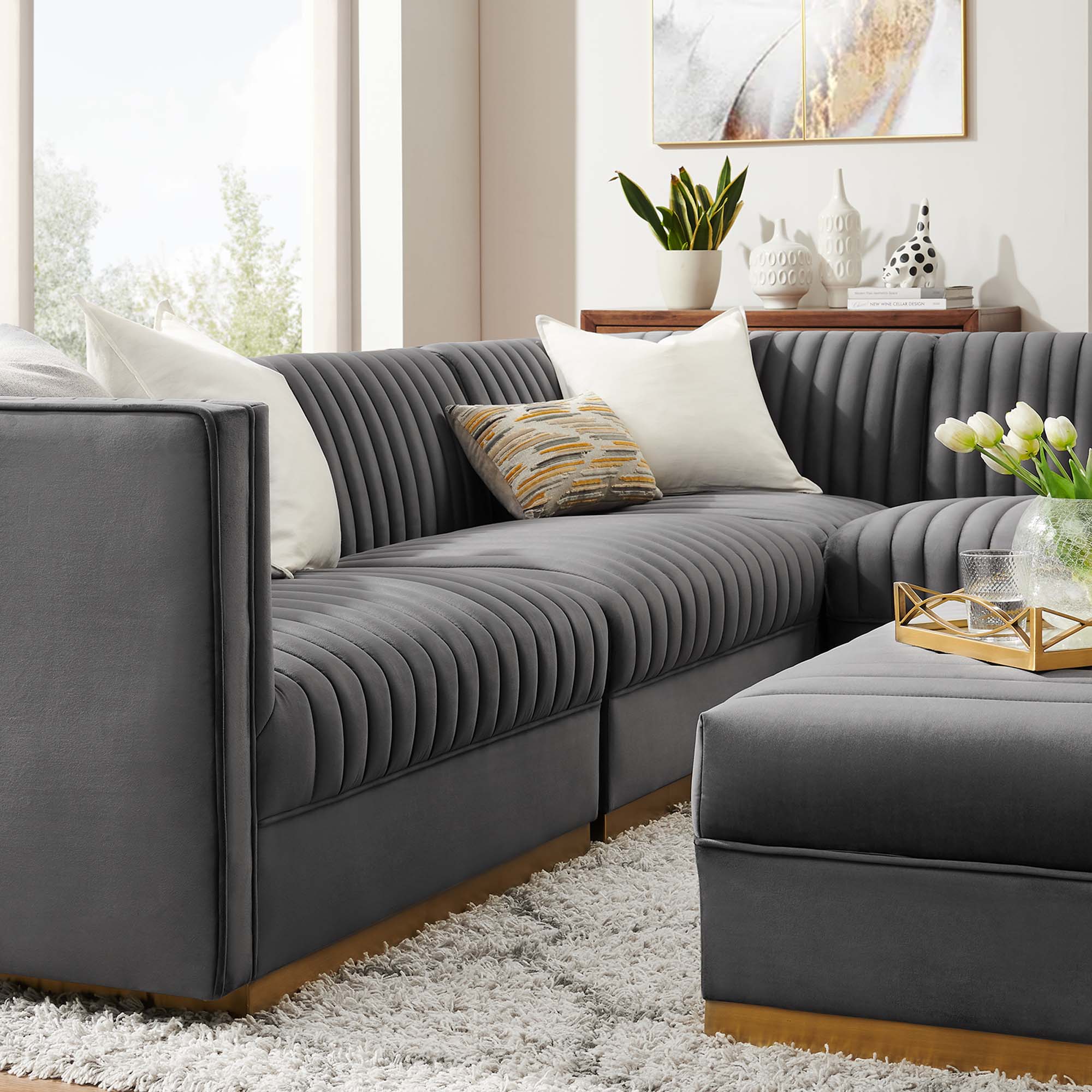 Sanguine 5-Piece Channel Tufted Performance Velvet Right-Facing Modular Sectional Sofa by Modway
