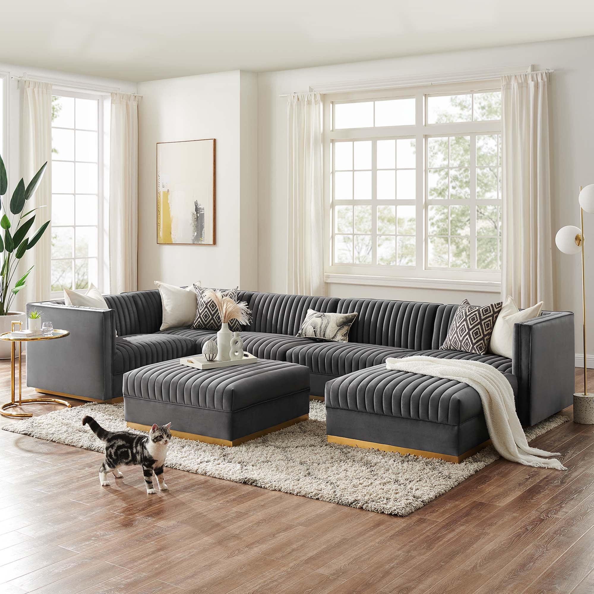 Sanguine 7-Piece Channel Tufted Performance Velvet Left-Facing Modular Sectional Sofa by Modway