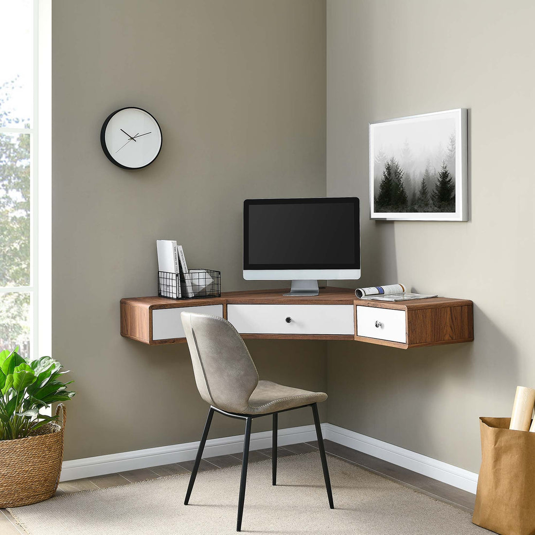 Transmit 47" Wall Mount Corner Walnut Office Desk by Modway