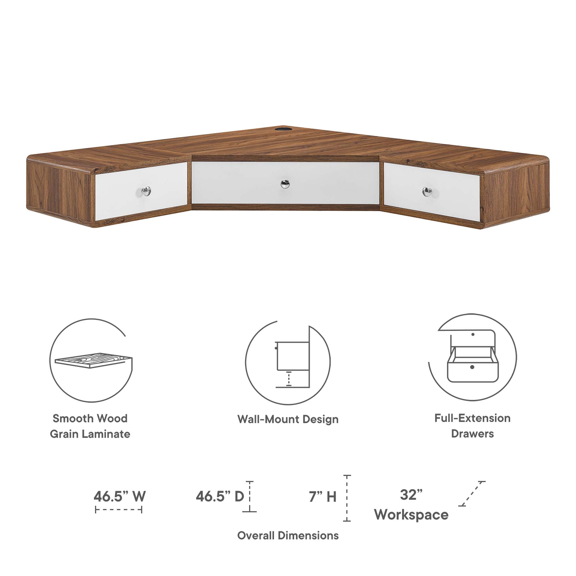 Transmit 47" Wall Mount Corner Walnut Office Desk by Modway