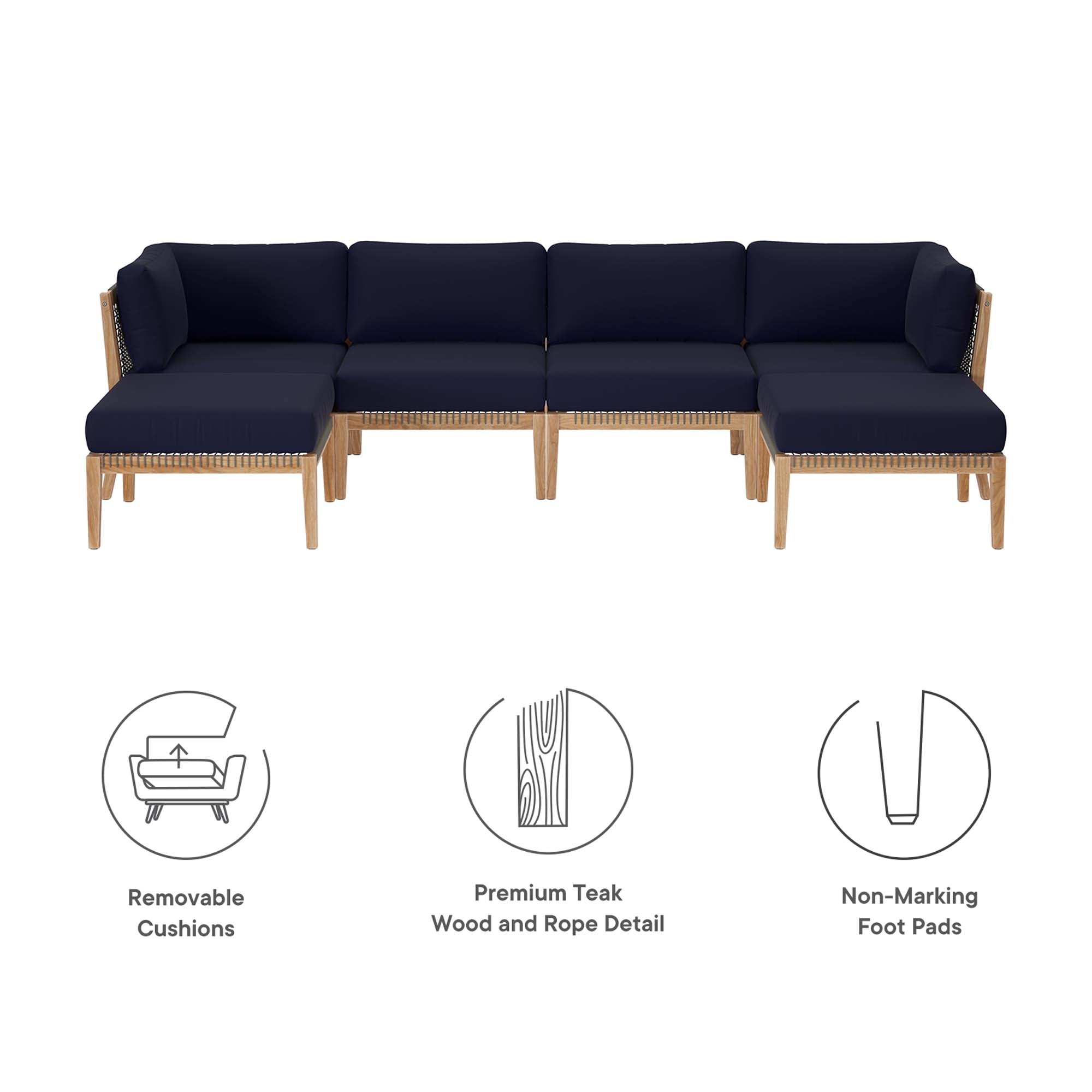 Clearwater Outdoor Patio Teak Wood 6-Piece Sectional Sofa by Modway