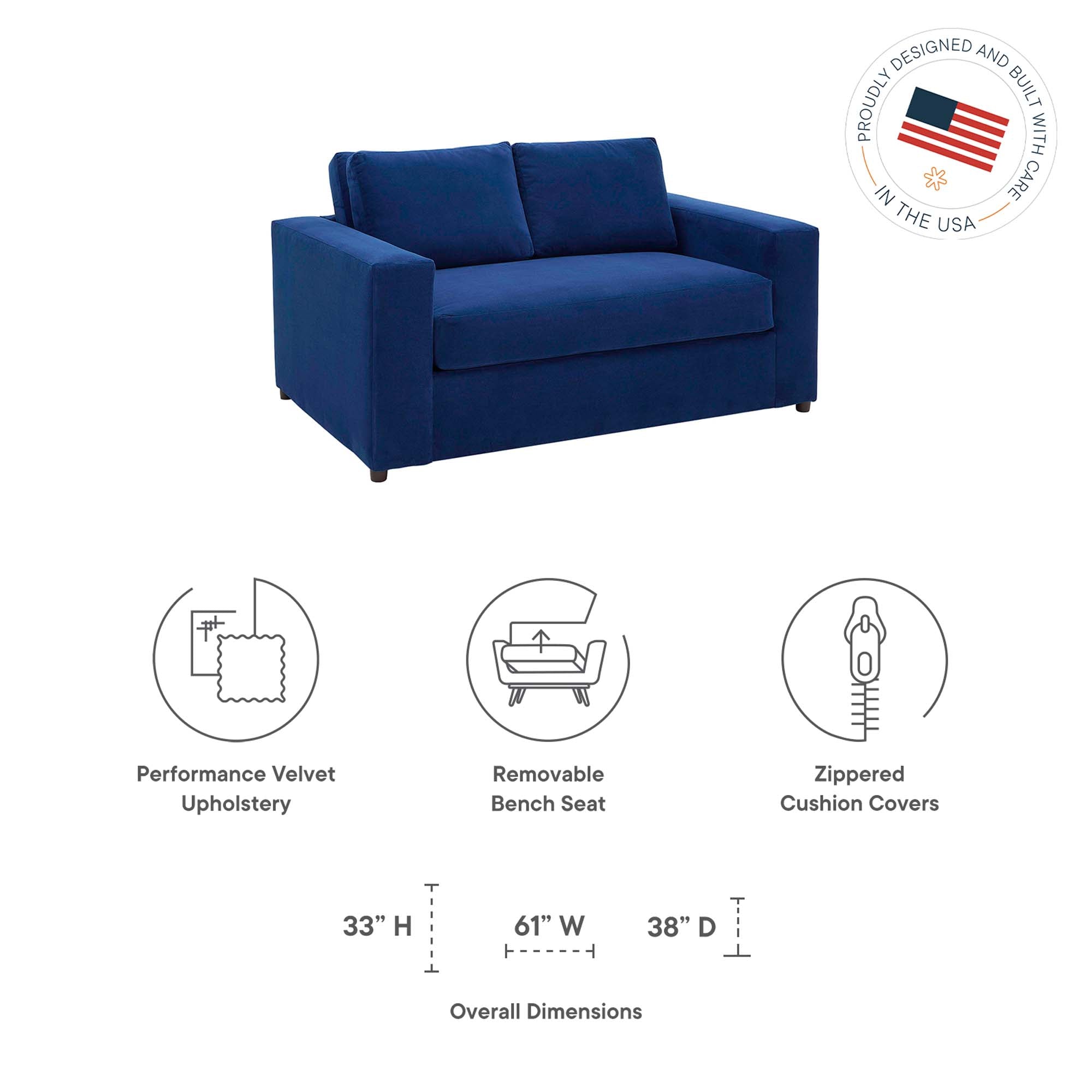 Avendale Velvet Loveseat – Made in the USA With Bench Seat Cushion by Modway