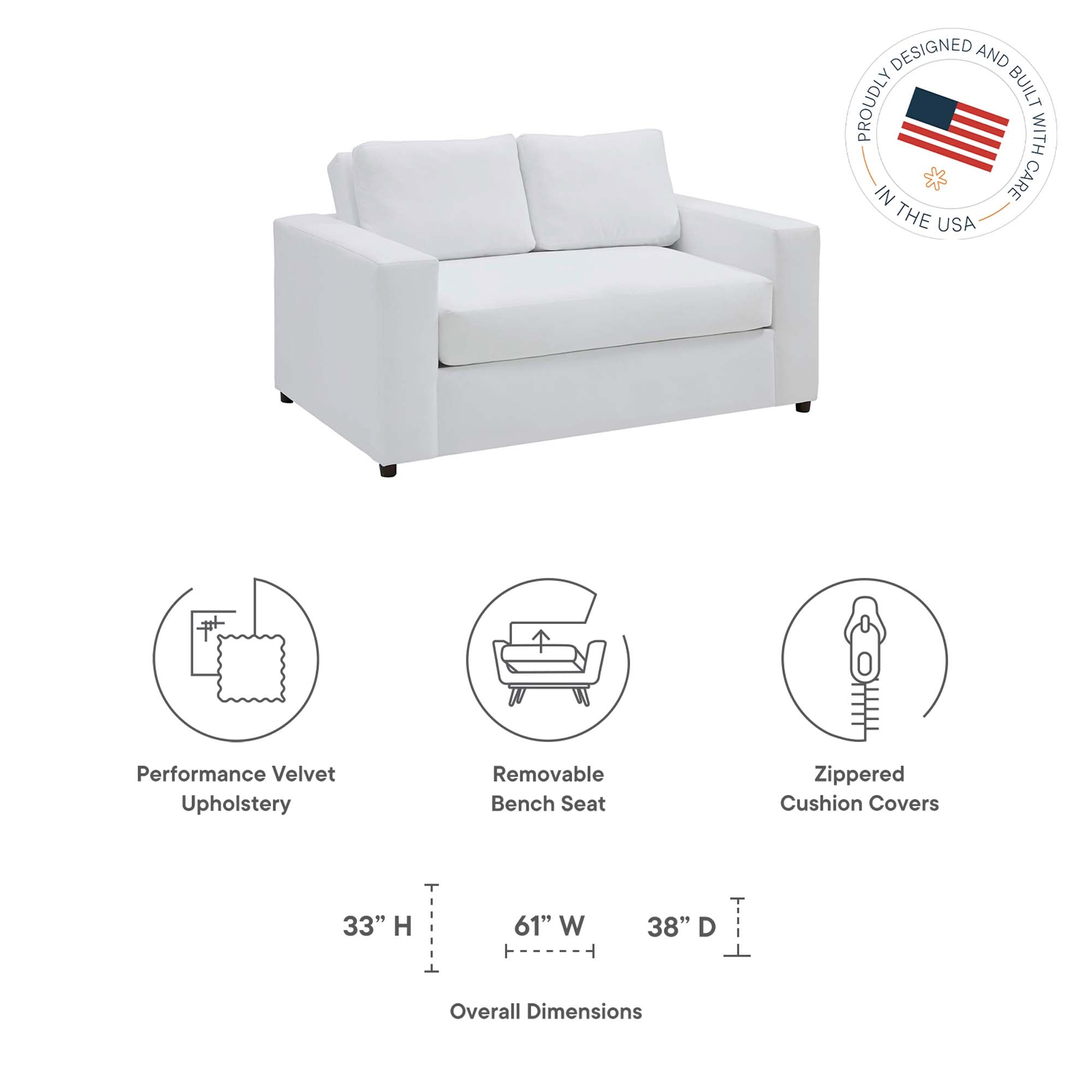 Avendale Velvet Loveseat – Made in the USA With Bench Seat Cushion by Modway