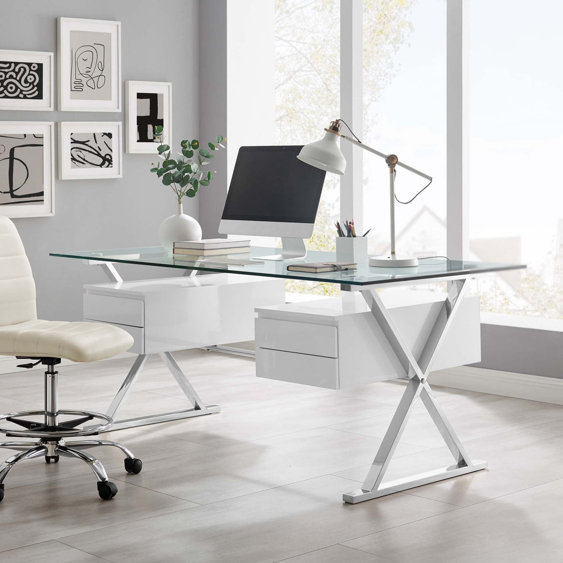 Sector 71" Glass Top Glass Office Desk by Modway