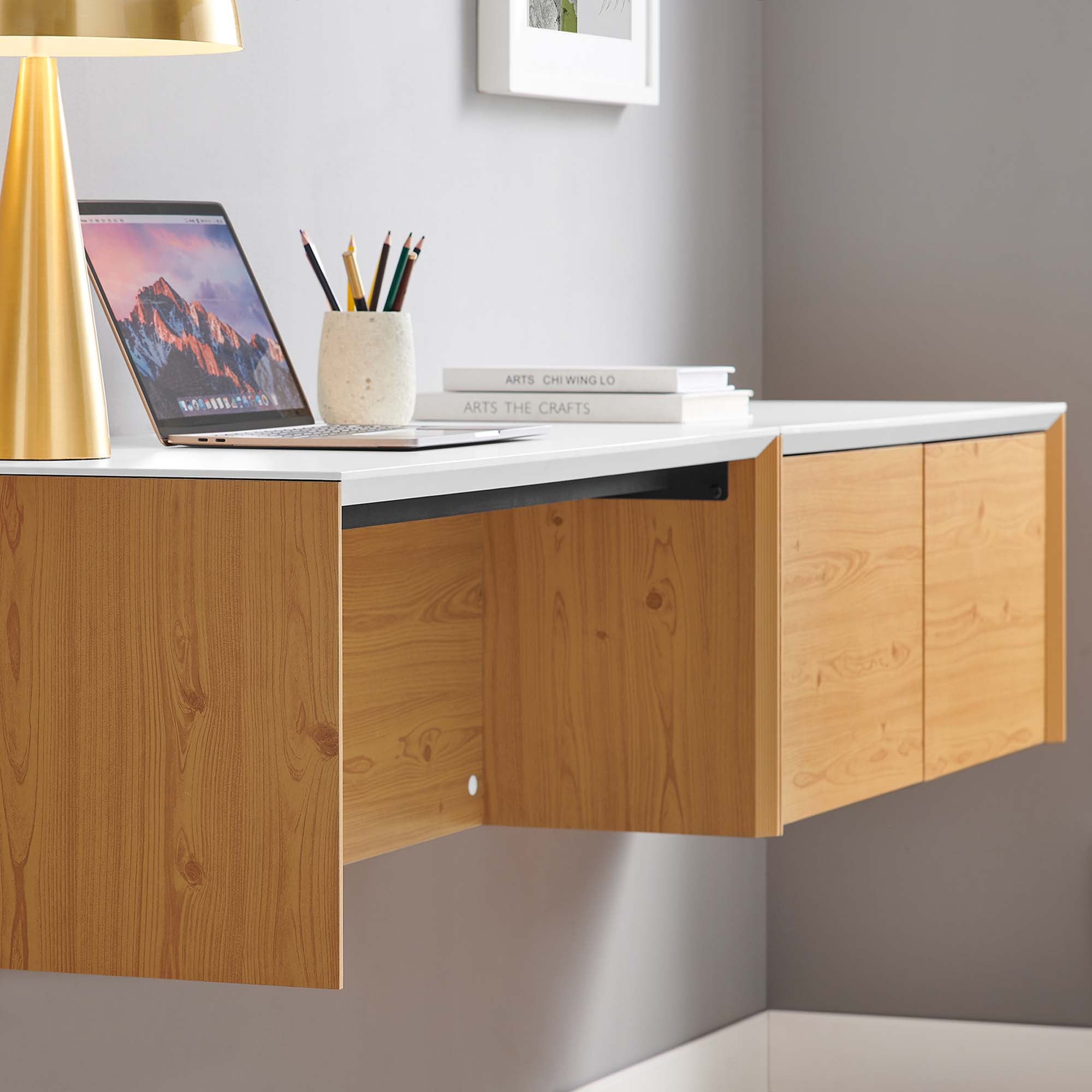 Kinetic 38" Wall-Mount Office Desk With Cabinet and Shelf by Modway