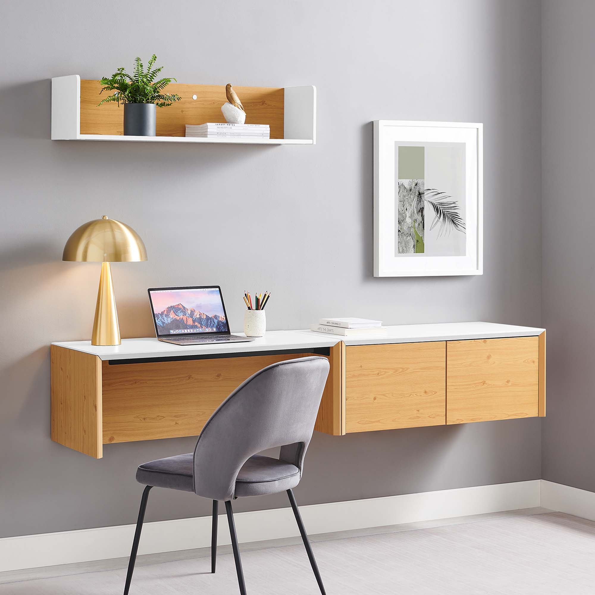 Kinetic 38" Wall-Mount Office Desk With Cabinet and Shelf by Modway