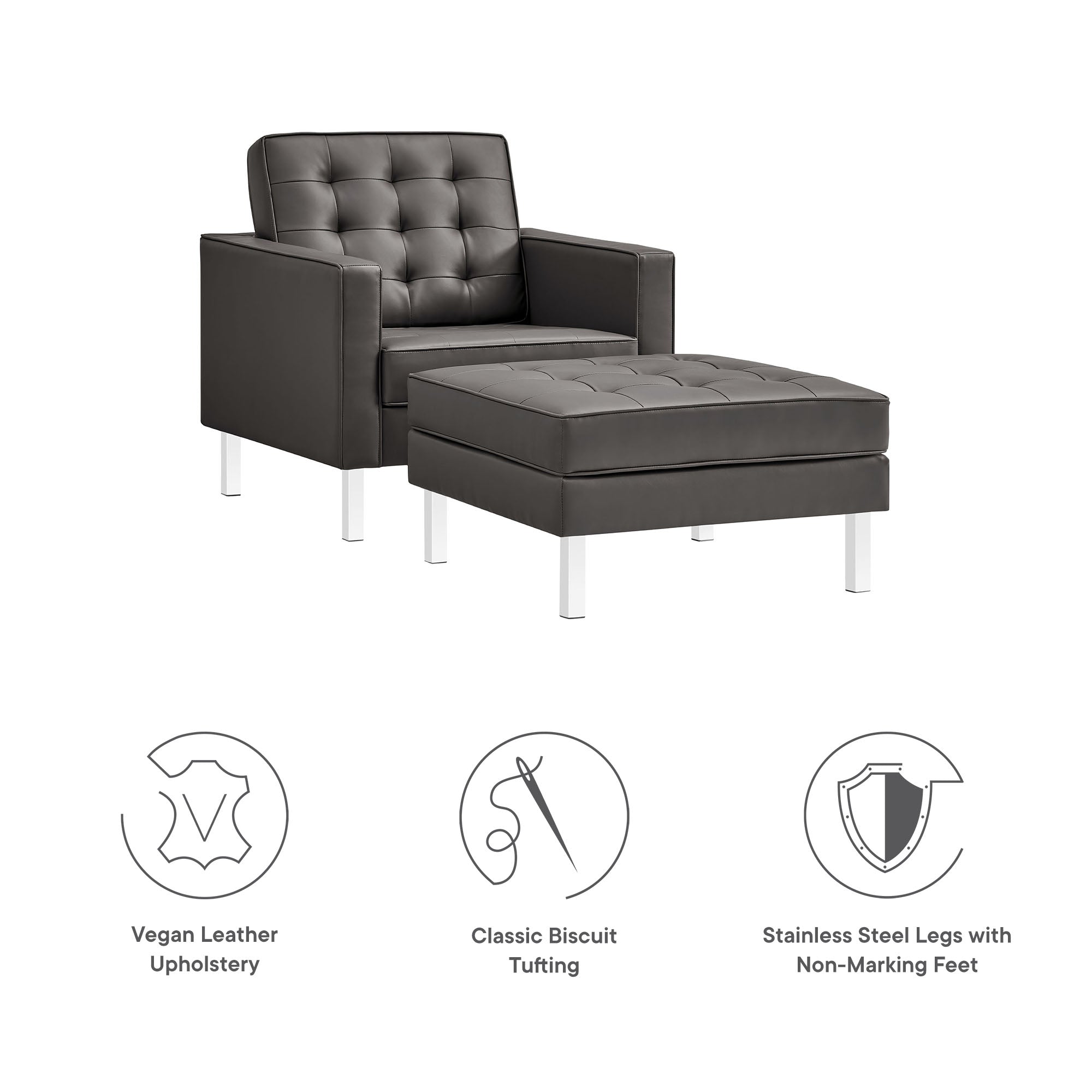 Loft Tufted Vegan Leather Armchair and Ottoman Set