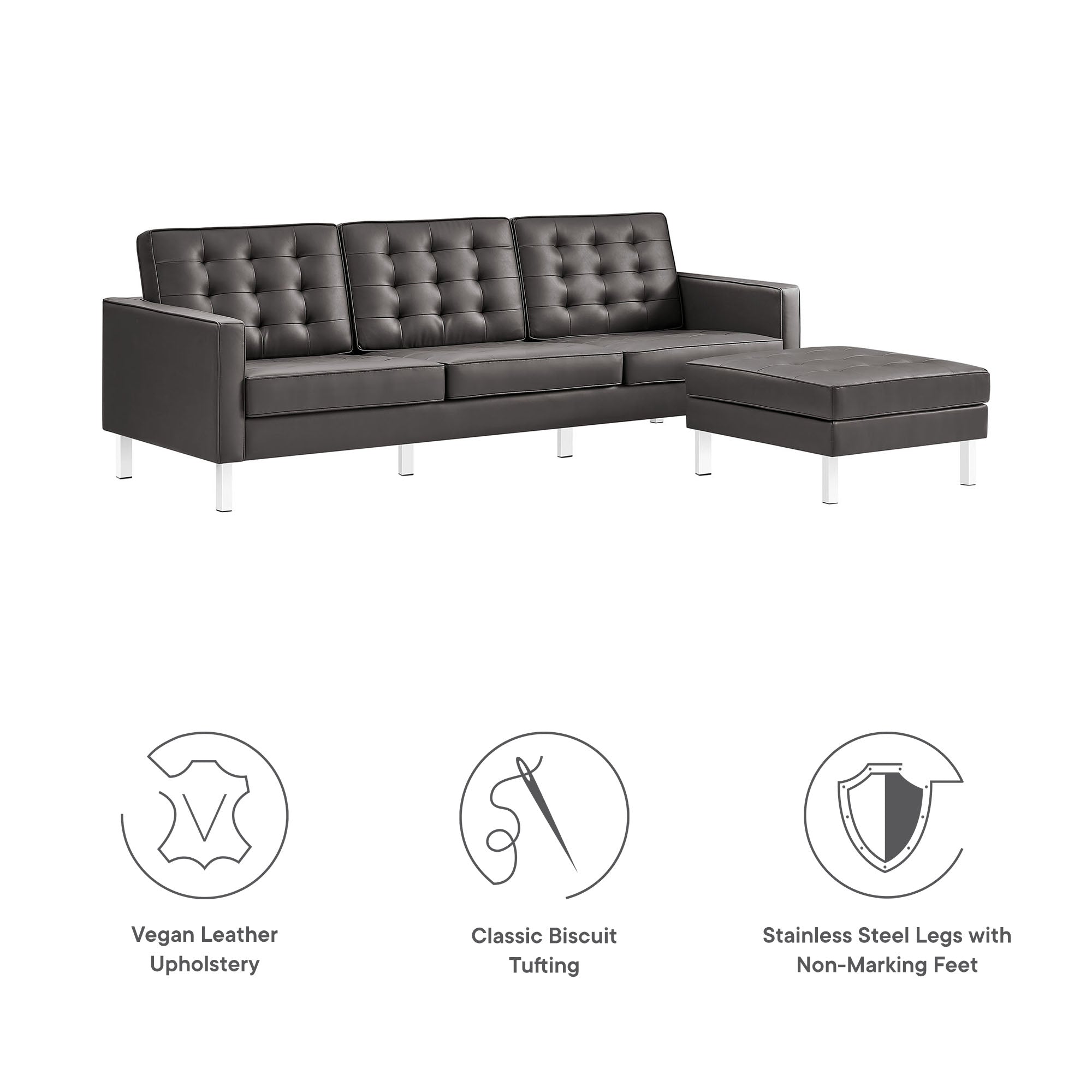 Loft Tufted Vegan Leather Sofa and Ottoman Set