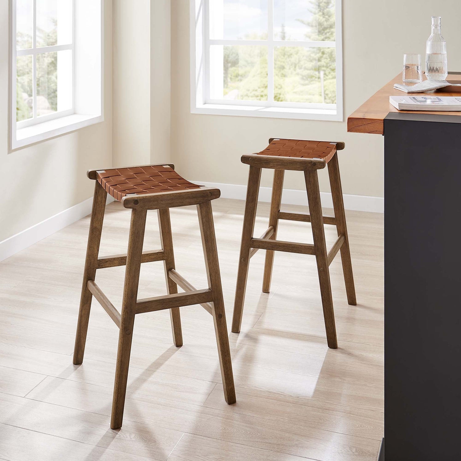 Saoirse Faux Leather Wood Bar Stool - Set of 2 by Modway