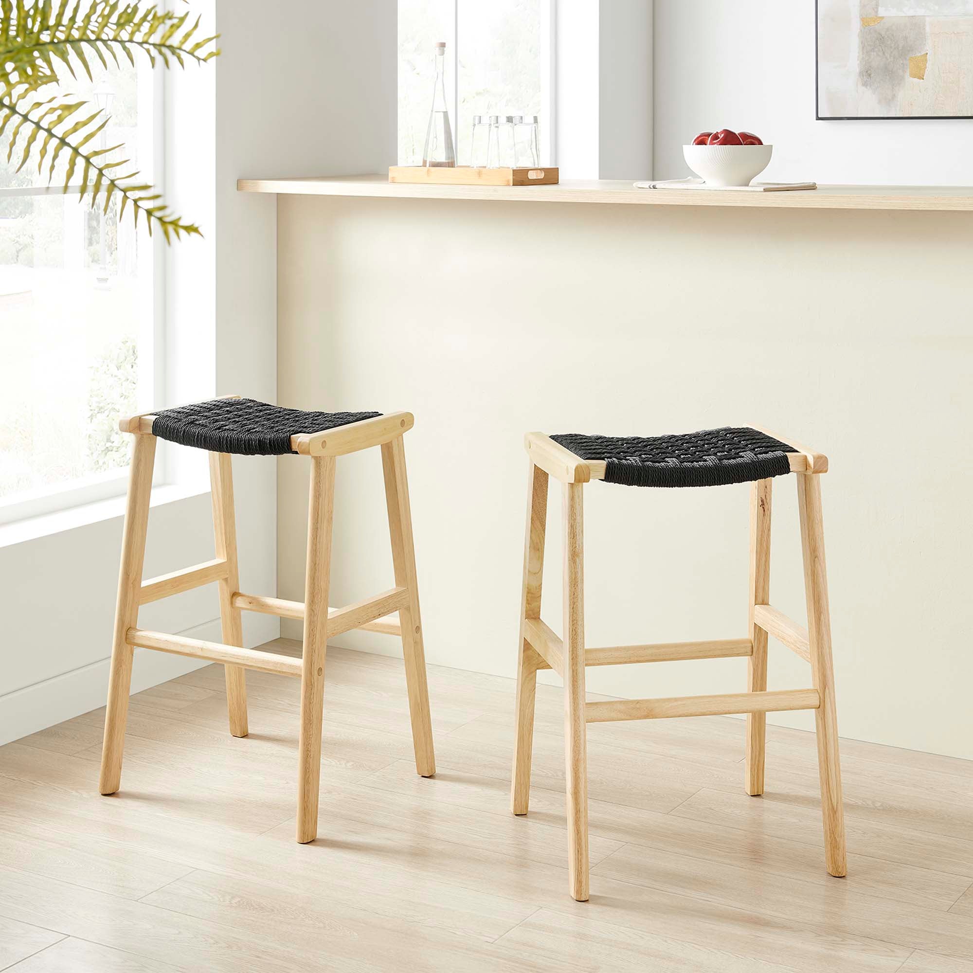 Saoirse Woven Rope Wood Bar Stool - Set of 2 by Modway