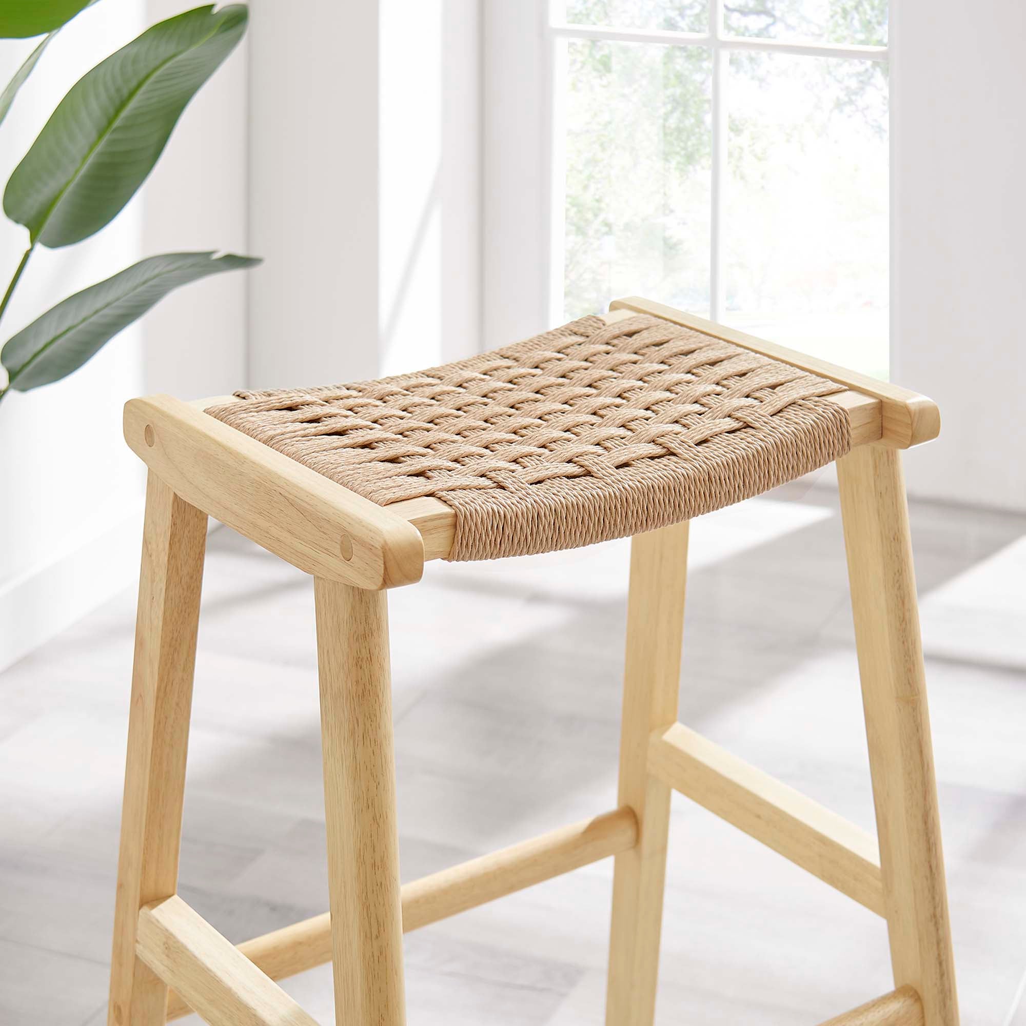 Saoirse Woven Rope Wood Bar Stool - Set of 2 by Modway