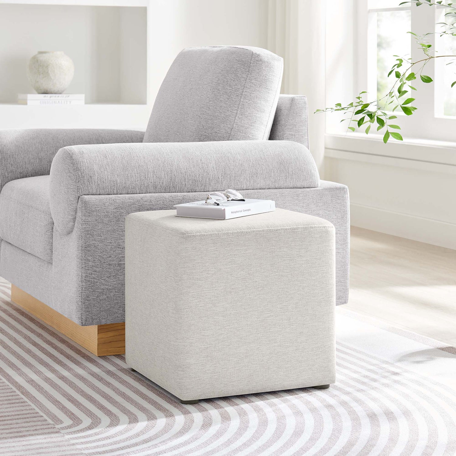 Callum 17" Square Woven Heathered Fabric Upholstered Ottoman by Modway