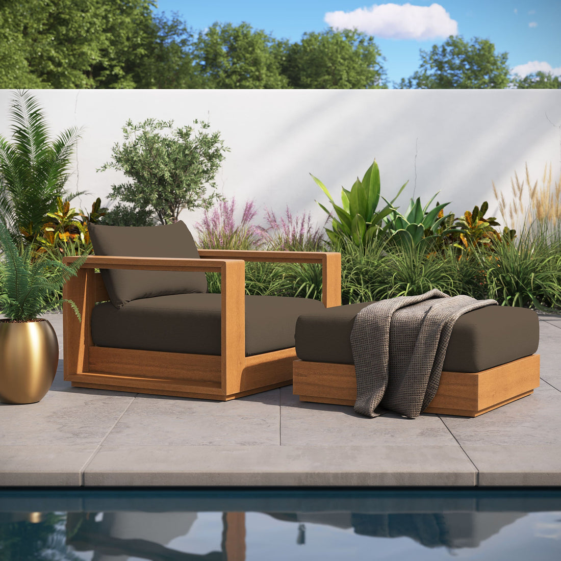 Tahoe 2-Piece Outdoor Patio Acacia Wood Armchair and Ottoman Set by Modway