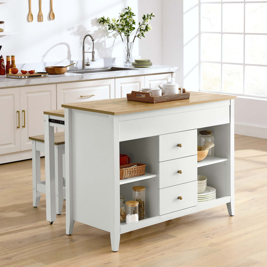 Farmstead 3-Piece Kitchen Island and Stool Set by Modway
