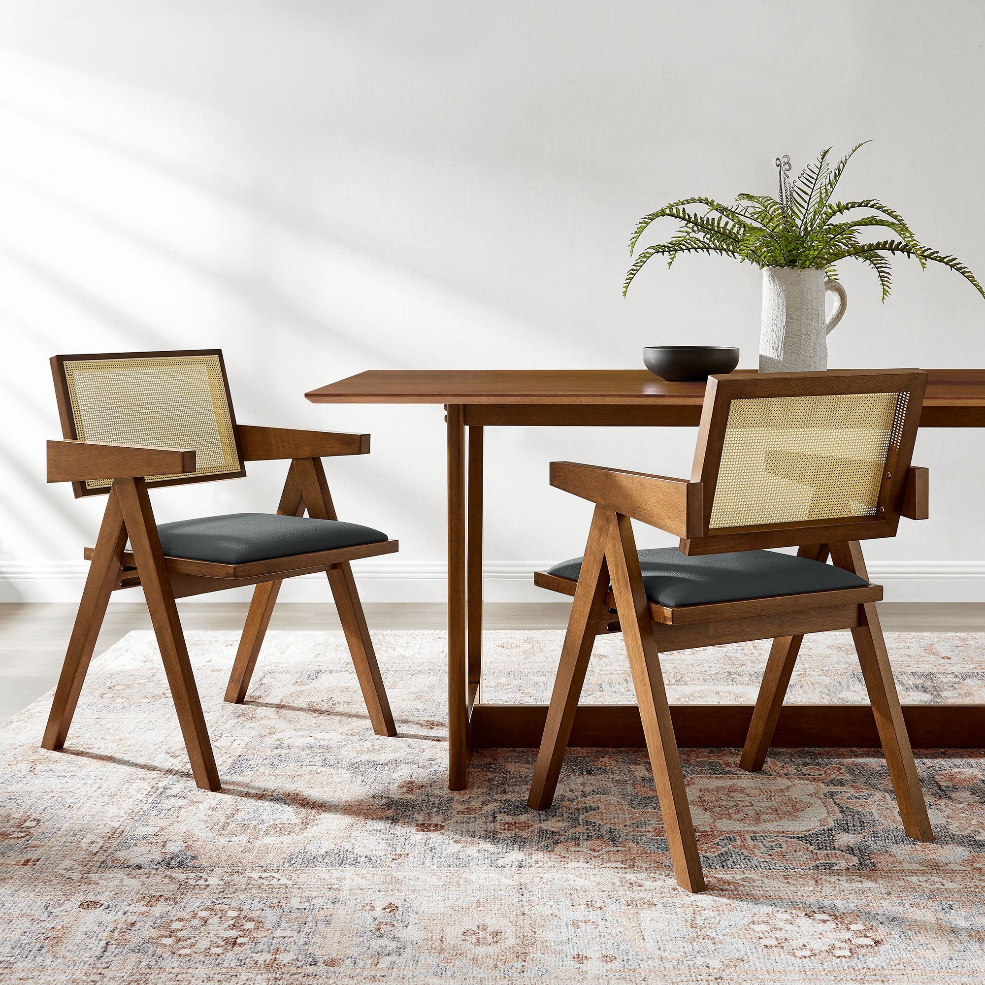 Thera Vegan Leather Cane Dining Armchairs Set of 2 by Modway