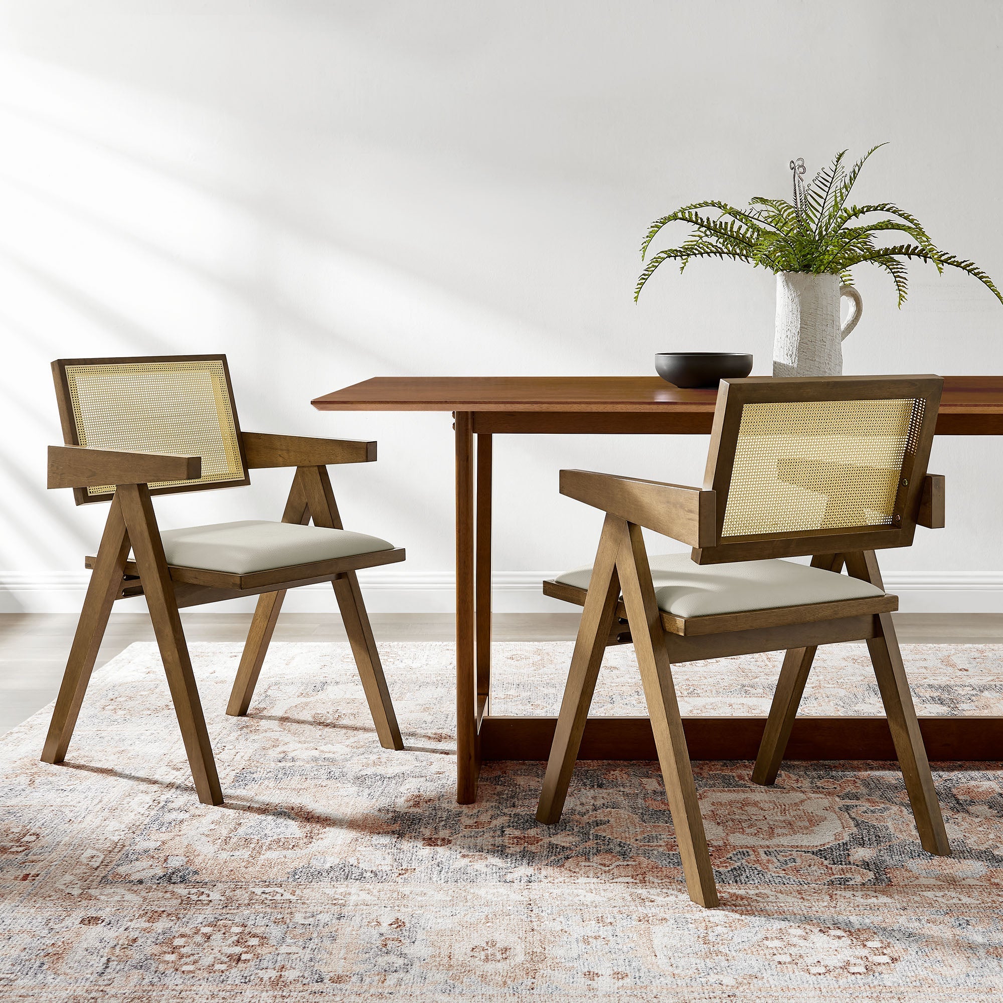 Thera Vegan Leather Cane Dining Armchairs Set of 2 by Modway
