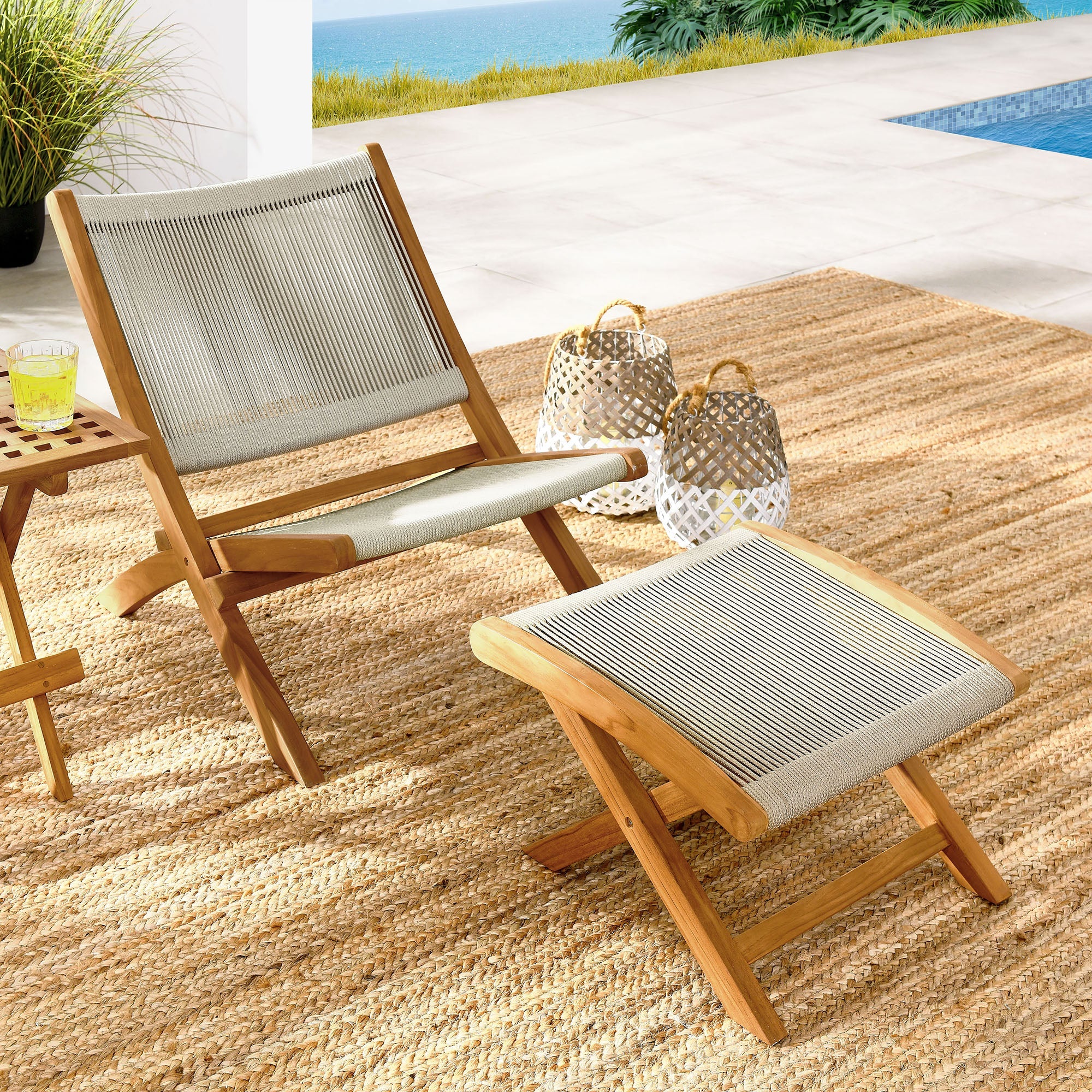Vienna 2-Piece Outdoor Patio Teak and Rope Folding Accent Lounge Chair and Ottoman Set by Modway
