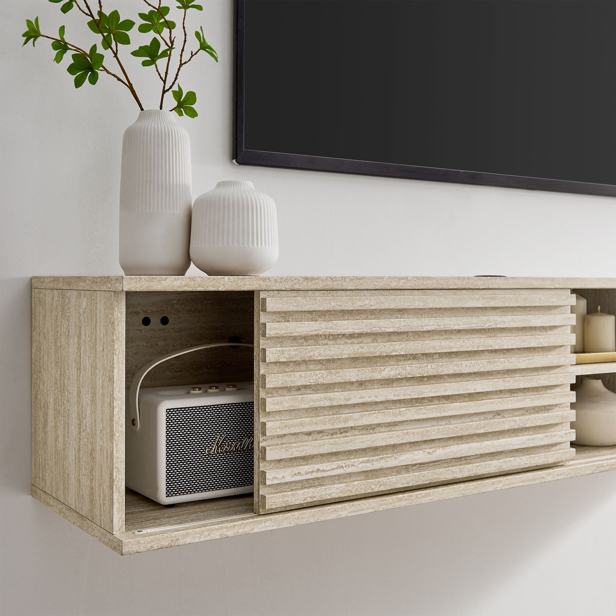Render 70" Faux Travertine Wall-Mount Media Console TV Stand by Modway