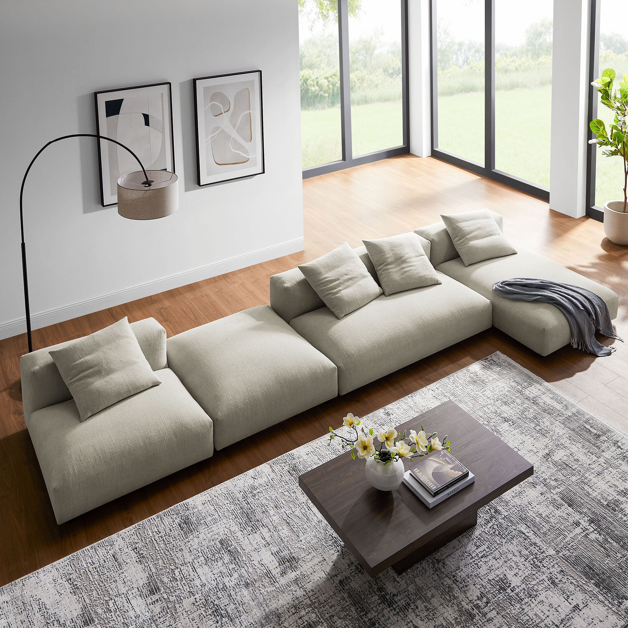 Solace 4-Piece Modular Upholstered Fabric Sectional Sofa With Ottoman by Modway