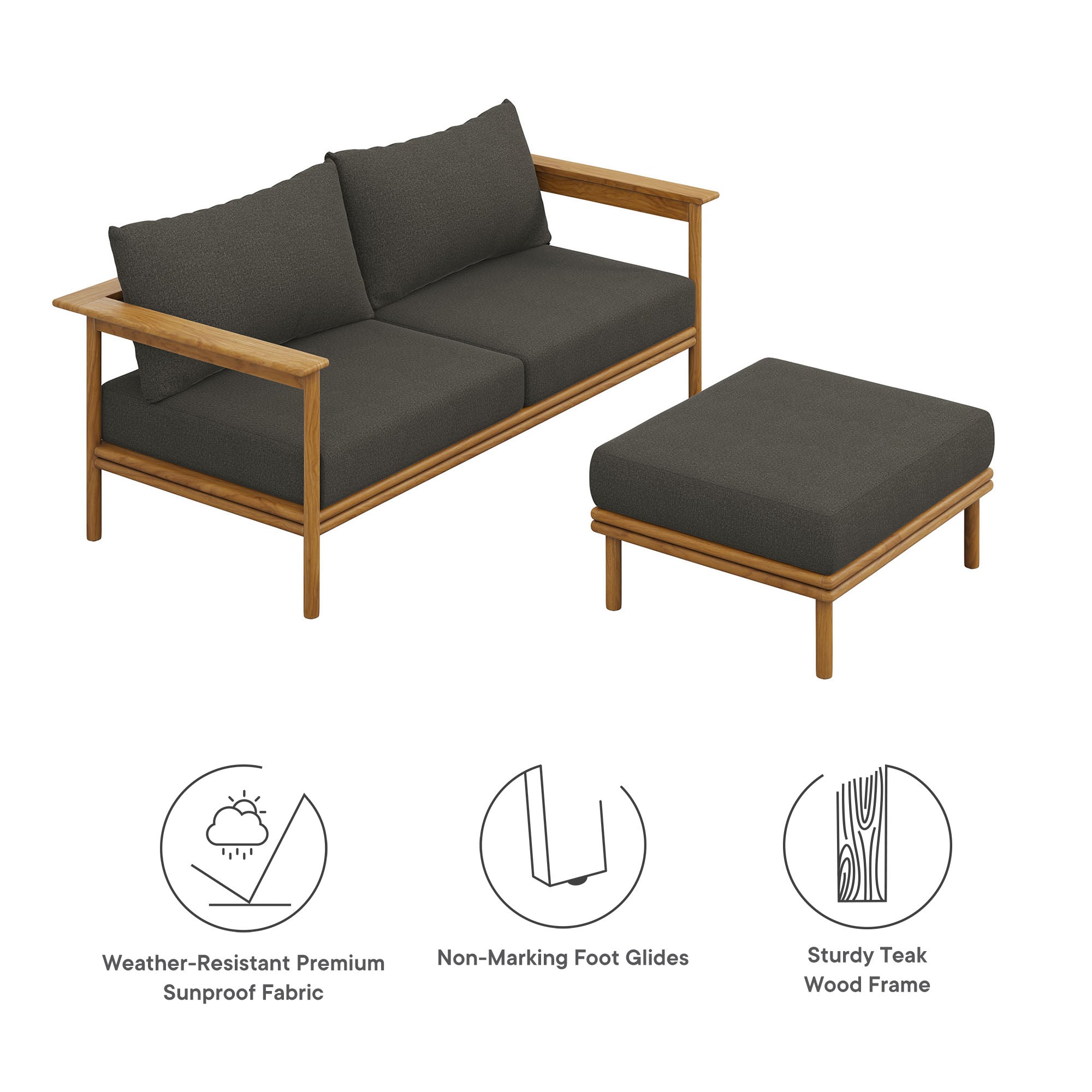 Wren 2-Piece Outdoor Patio Teak Wood Sofa and Ottoman Set by Modway