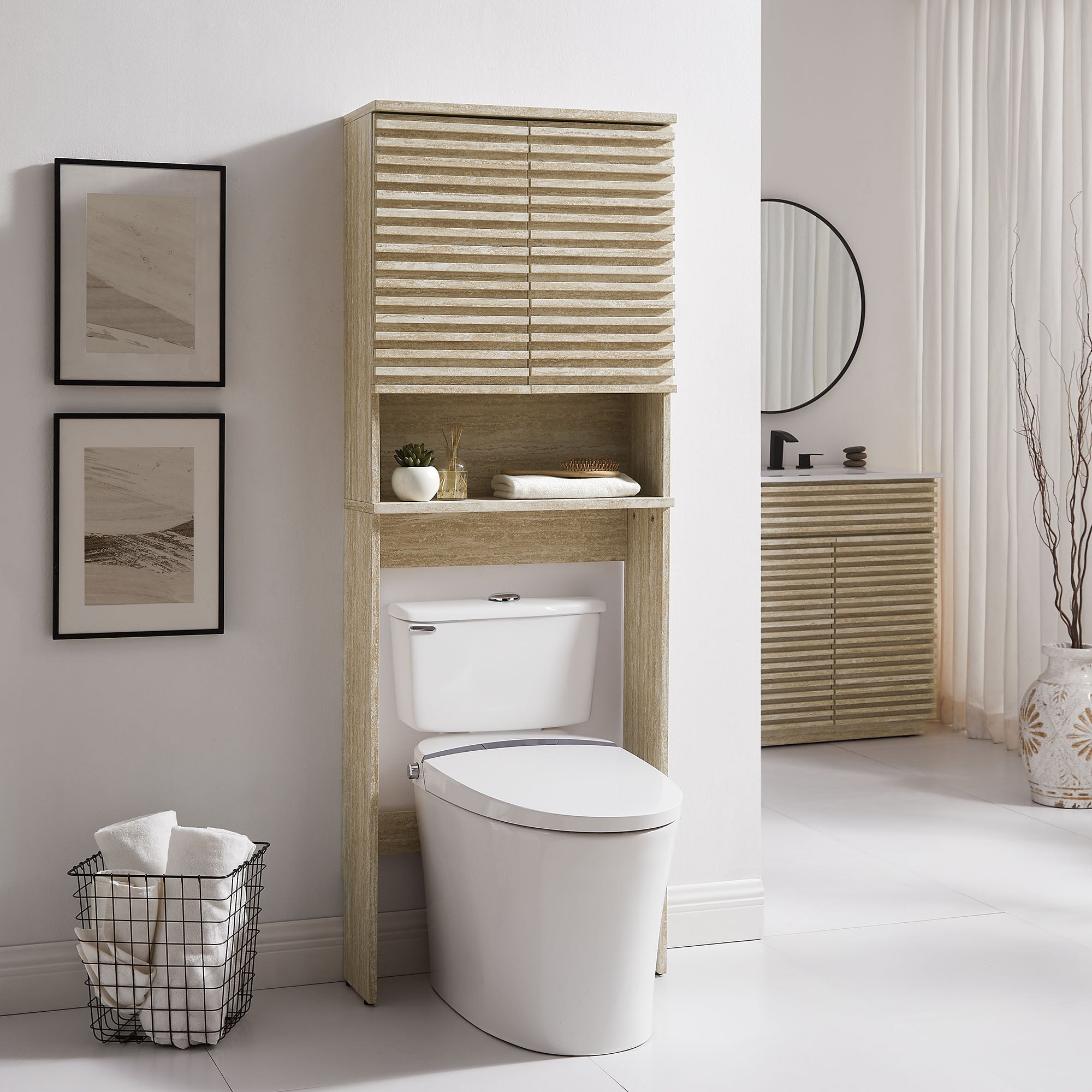 Render Over the Toilet Faux Travertine Bathroom Storage Cabinet by Modway