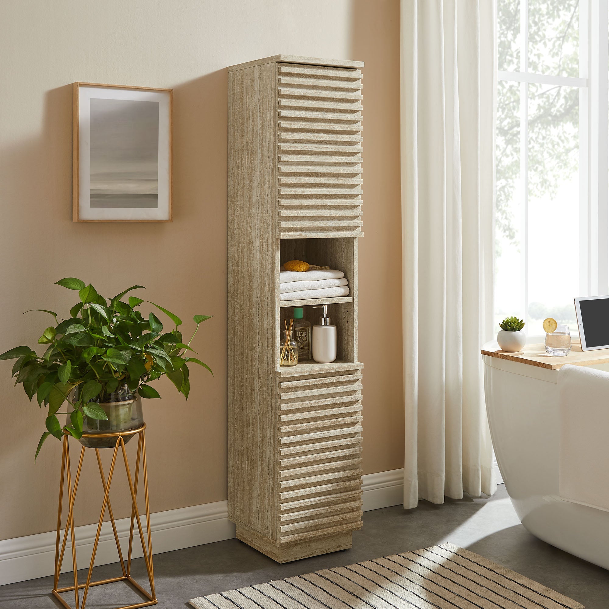 Render Tall Narrow Faux Travertine Linen Storage Cabinet by Modway