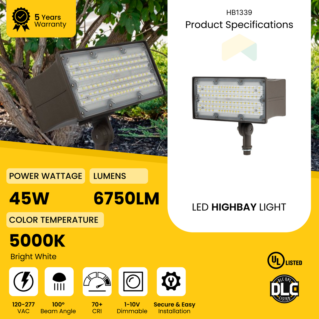 LED Outdoor Flood Light Super Bright - 45W , 5000K, Direct Mount 1-10V Dimming, AC120-277V, 6750 Lumens