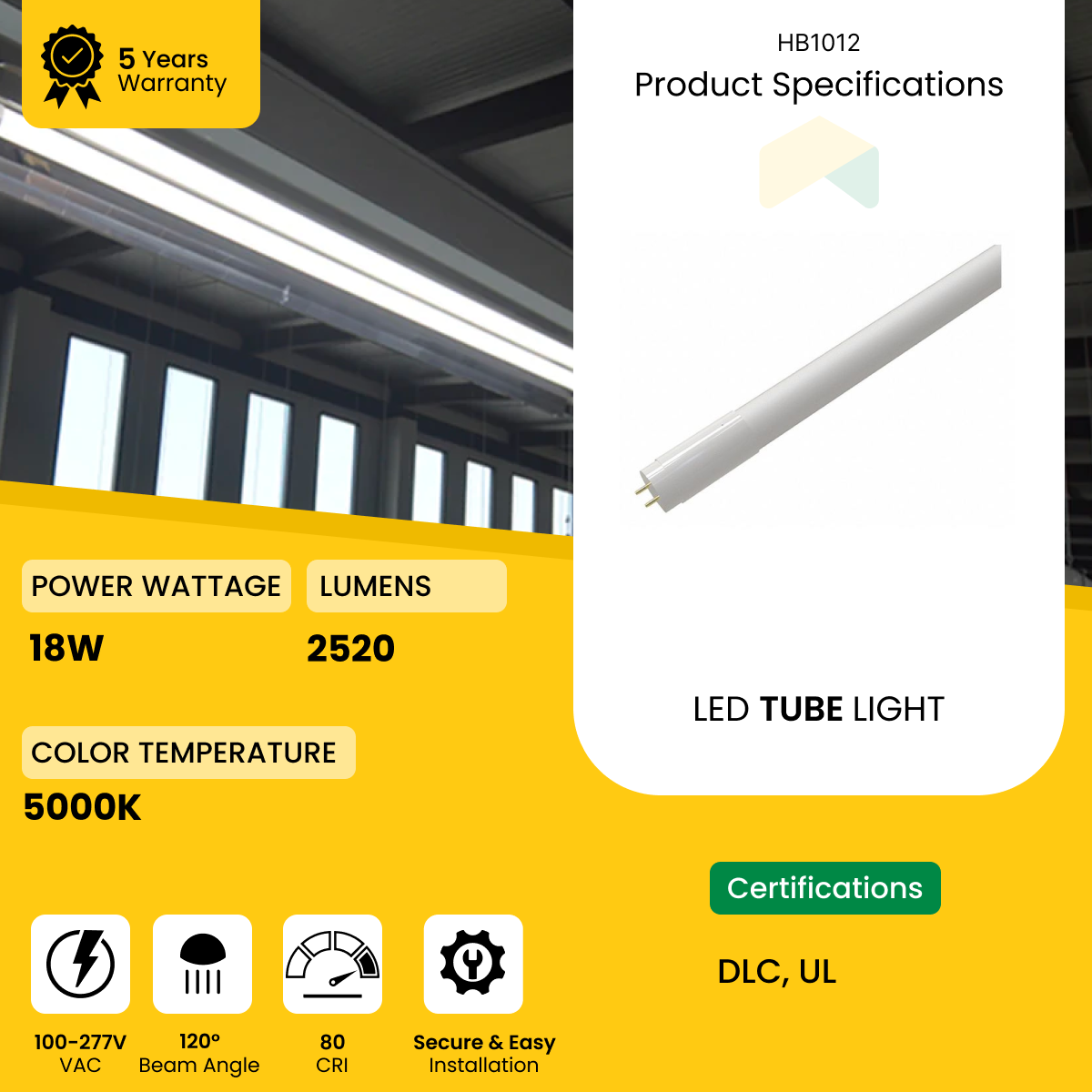 4ft Dual-Mode T8P LED Tube - 18W - 5000K - 2520Lumens 100-277VAC Input, Non-Dimming, Nano Plastics Housing, Frosted Lens - 42 Pack