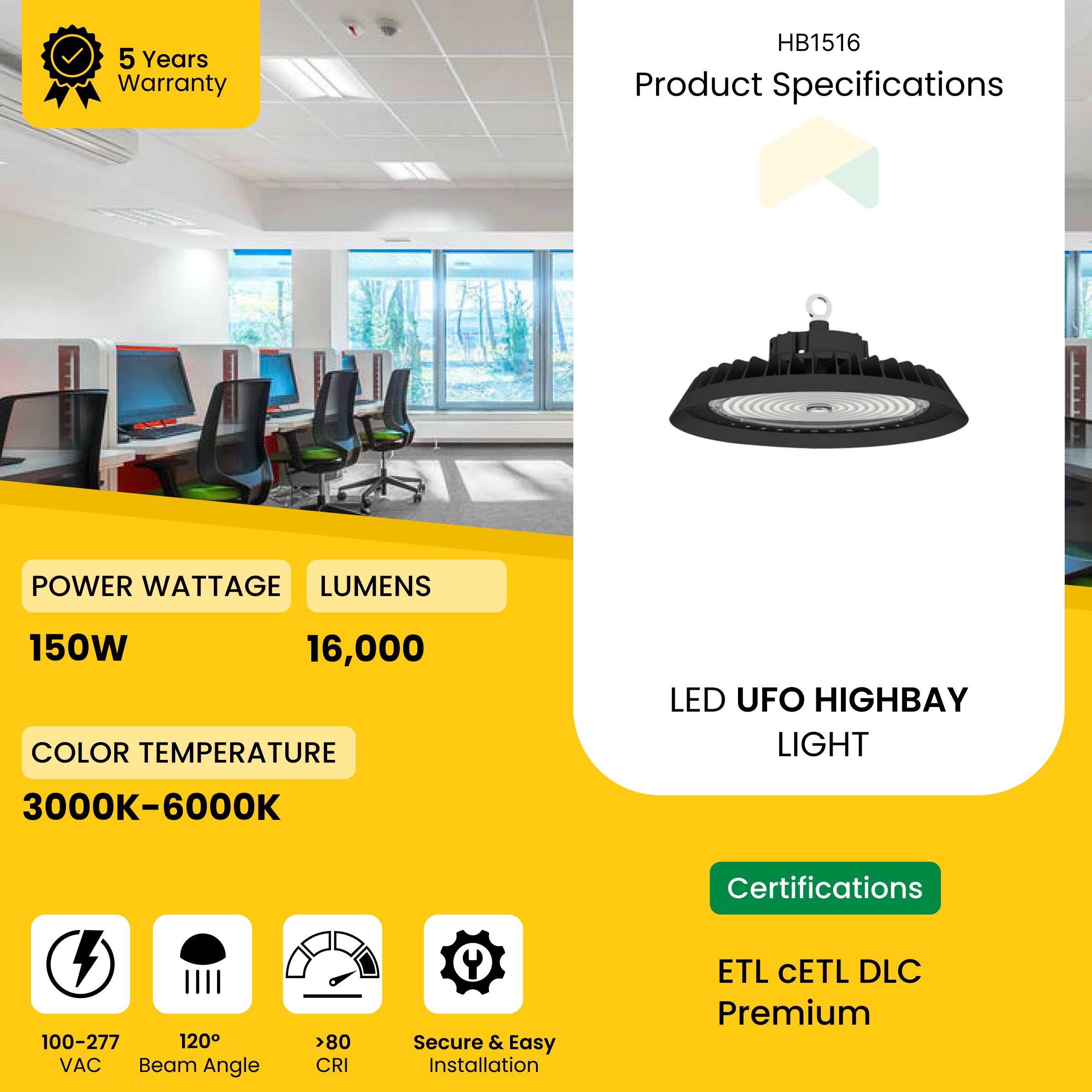LED UFO High Bay Light-100W/120W/150W Wattage Adjustable, 4000K/5000K/5700K CCT Changeable, 16,000 Lumens, 0-10V Dimmable - 100-347V, 6ft Wire Length - UL, DLC 5.1 Premium